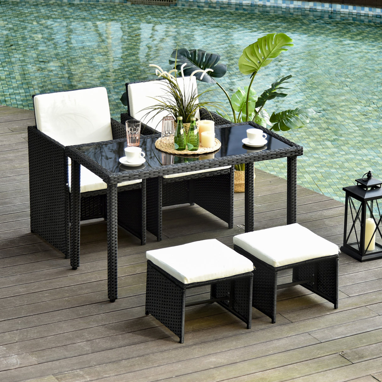easycomfort easycomfort set mobili da giardino rattan 5 pezzi tavolo 2 sedie 2 poggiapiedi con cuscini combinabili a rettangolo nero