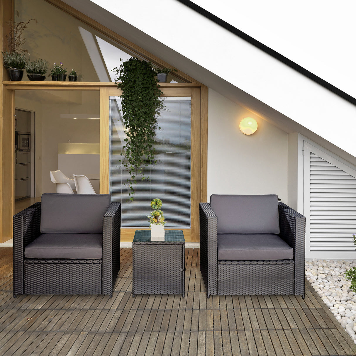 easycomfort easycomfort set mobili da giardino rattan pe da 3 pezzi 2 poltrone da esterno tavolino e cuscini nero