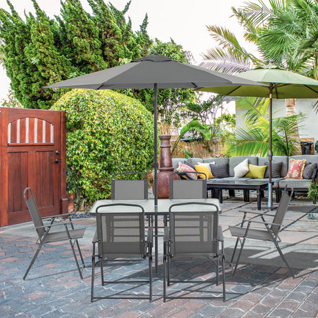 easycomfort easycomfort set tavolo con 6 sedie pieghevoli e ombrellone piano in vetro e sedute in tessuto grigio