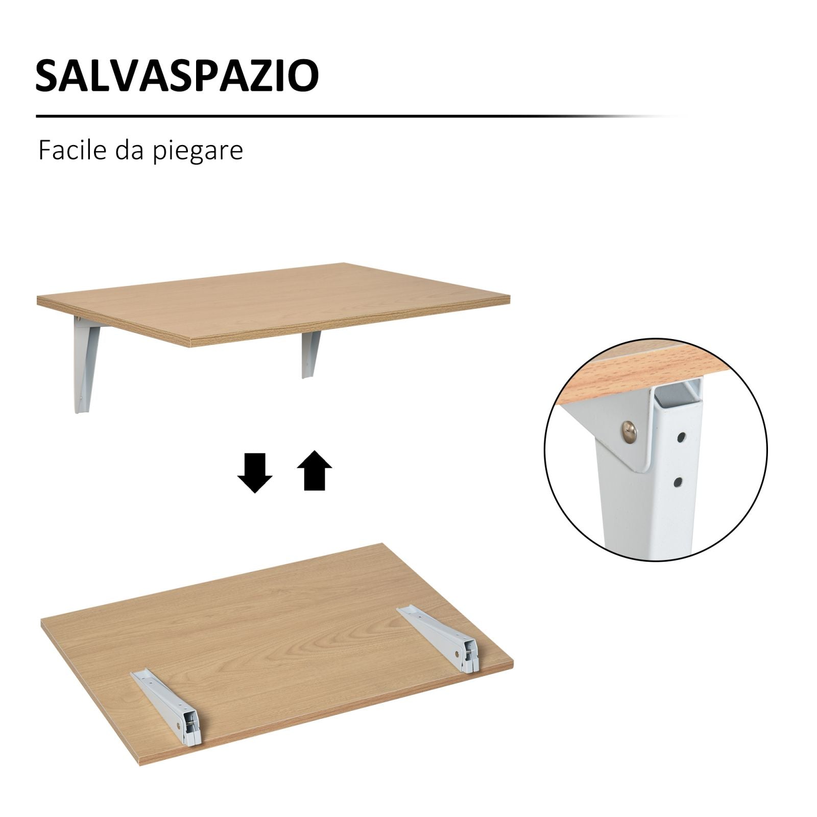 EASYCOMFORT Tavolino a Muro Pieghevole Salvaspazio in MDF e Telaio in  Metallo Color Legno, 60x40x20cm