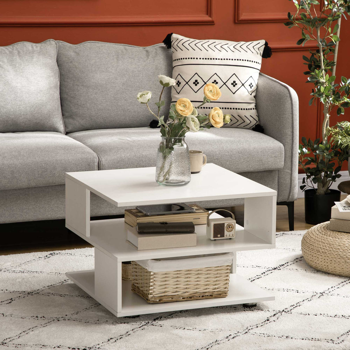 easycomfort easycomfort tavolino da caffe asimmetrico in legno con ripiani e piedini regolabili 60x60x45cm bianco