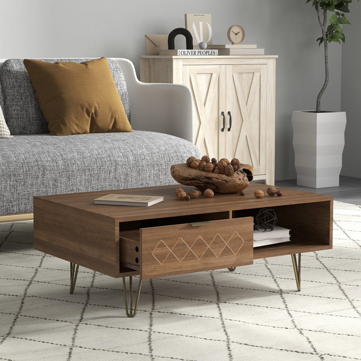 easycomfort easycomfort tavolino da caffe con 2 ripiani aperti e 2 cassetti in truciolato e metallo 95x62x36 5 cm