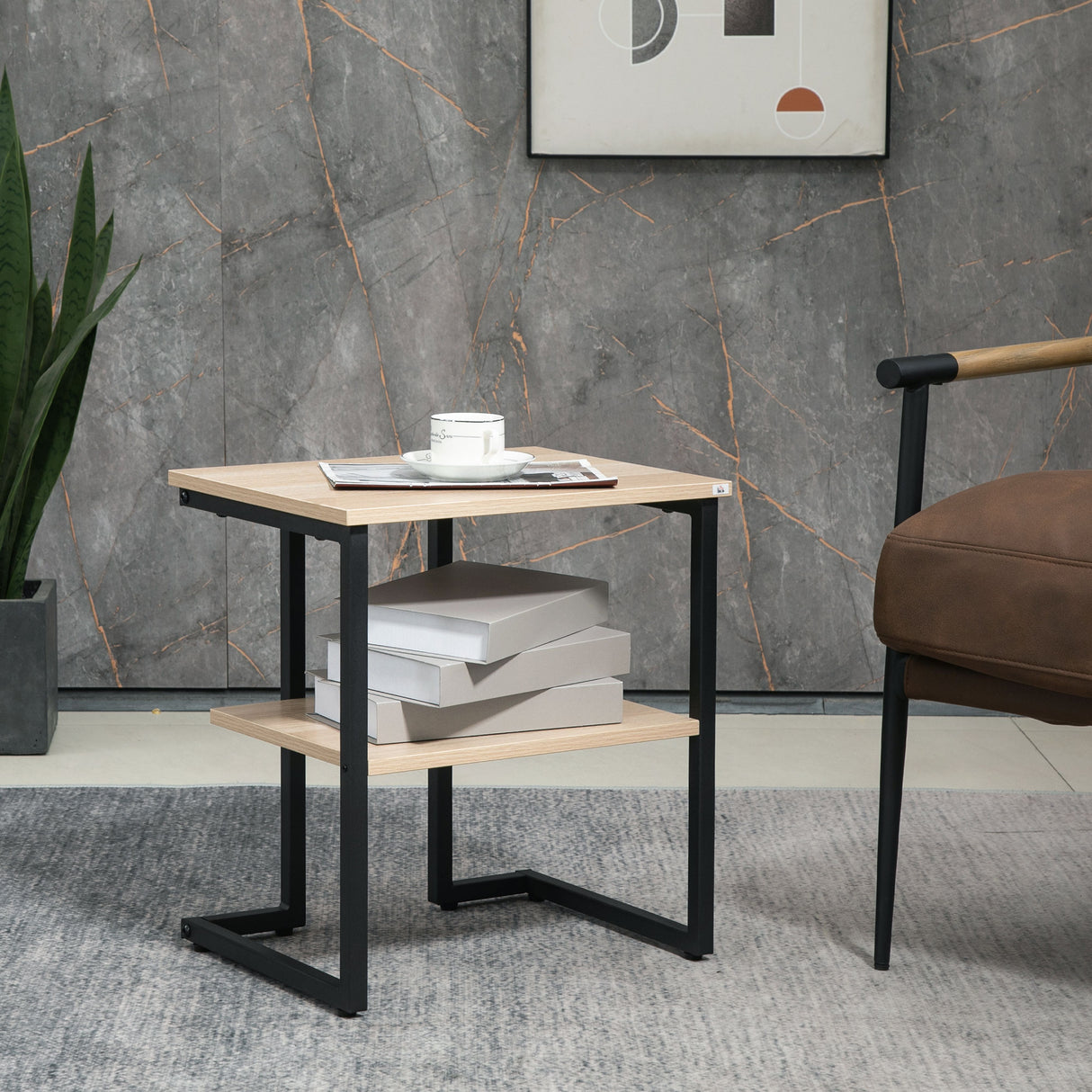 easycomfort easycomfort tavolino da caffe con mensola inferiore in acciaio e legno 45x35x48cm