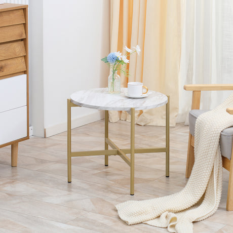 easycomfort easycomfort tavolino da caffe con piano dappoggio effetto marmo e struttura in metallo dorato 55x45cm bianco