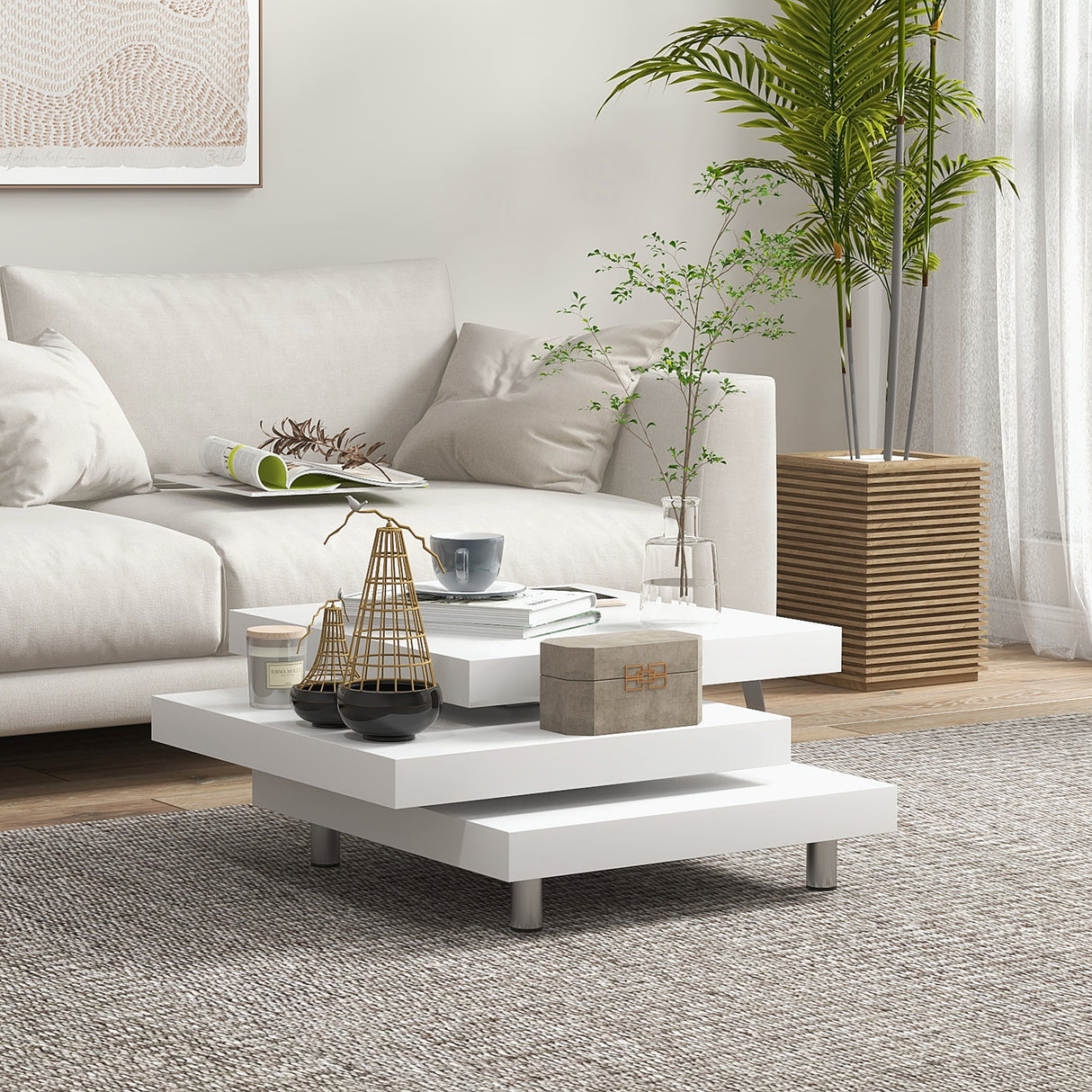 easycomfort easycomfort tavolino da caffe da salotto e studio a 3 livelli in mdf con 2 piani rotanti 60x60x33 5 cm bianco