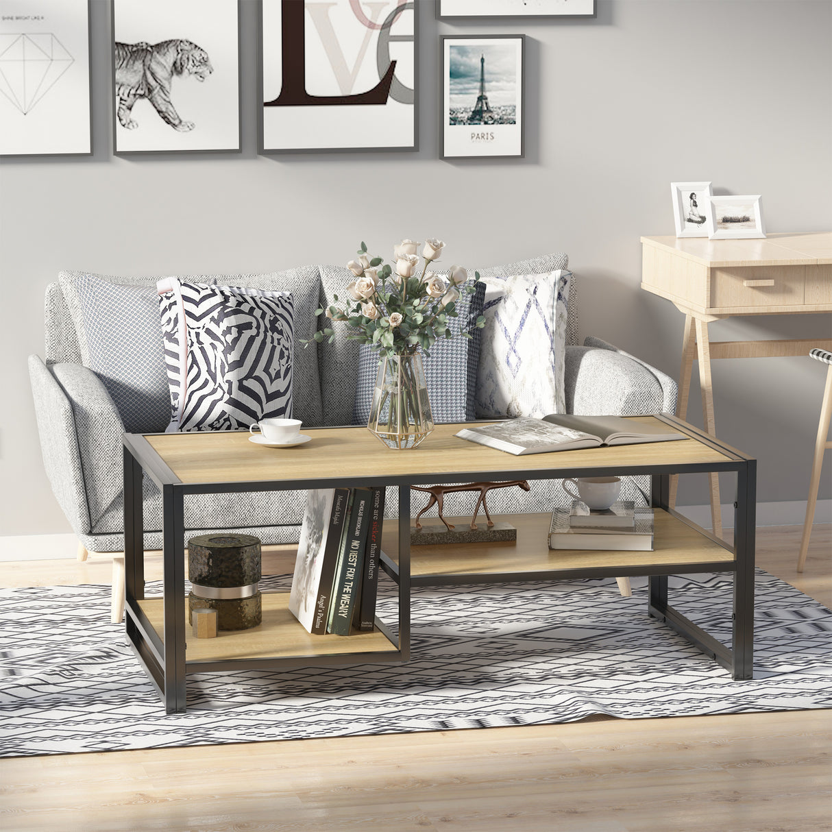 easycomfort easycomfort tavolino da caffe in stile industriale a 3 ripiani in mdf e acciaio 120x60x46cm