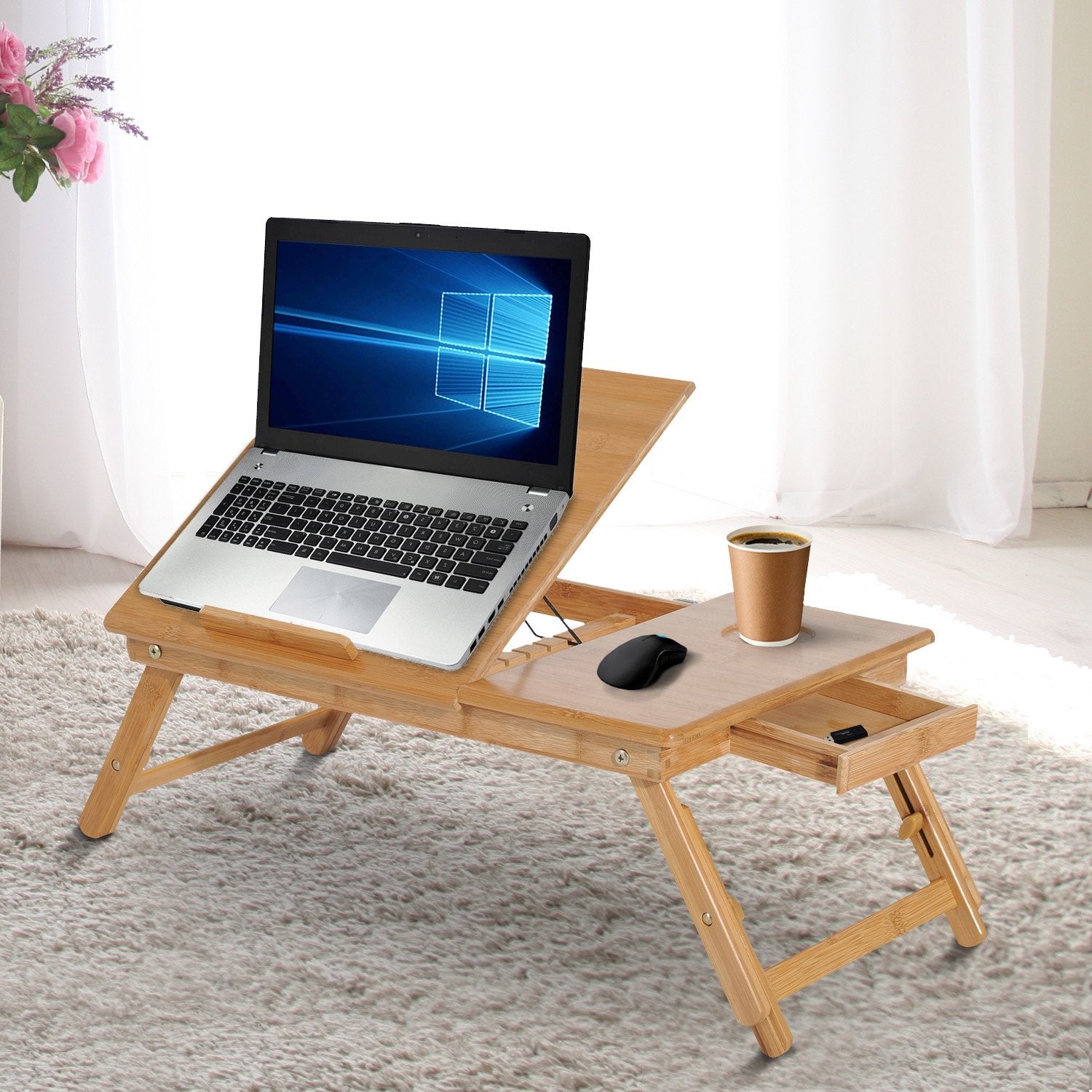 EASYCOMFORT Tavolino da Letto per PC Portatile con Sistema di  Raffreddamento in Bambù 55 × 35 × 22-30cm