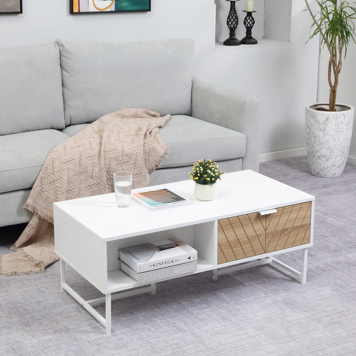 easycomfort easycomfort tavolino da salotto rettangolare con cassetti in legno e metallo 100x50x40cm bianco