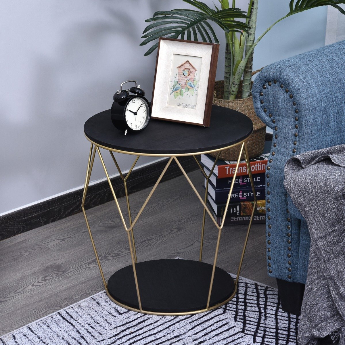 easycomfort easycomfort tavolino rotondo design geometrico in metallo e mdf nero e dorato ean 8054111844253