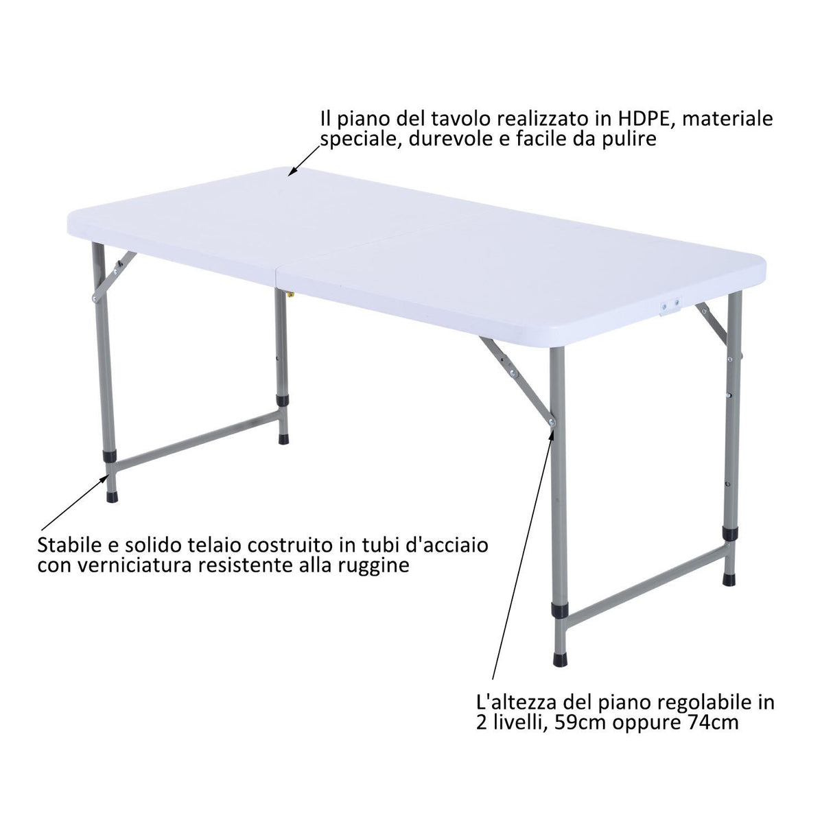 easycomfort easycomfort tavolo richiudibile a valigetta per campeggio e picnic in polietilene bianco 122x61x5974cm ean 8054144130958