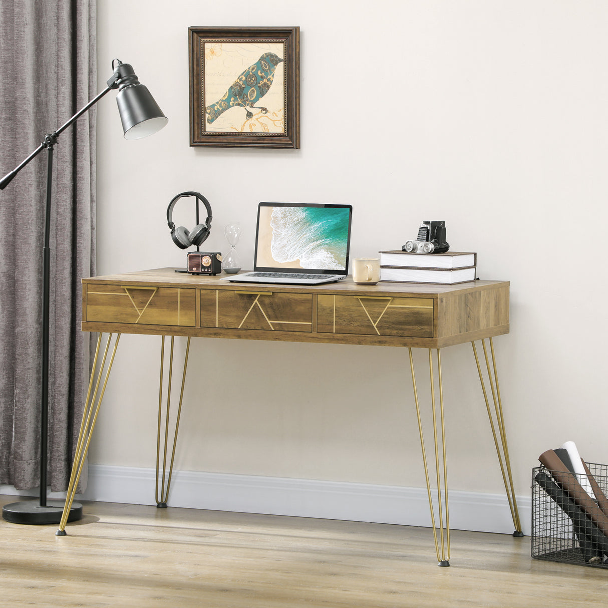 easycomfort easycomfort tavolo scrivania da ingresso stile vintage in truciolato e acciaio con 3 cassetti 120x55x79 cm