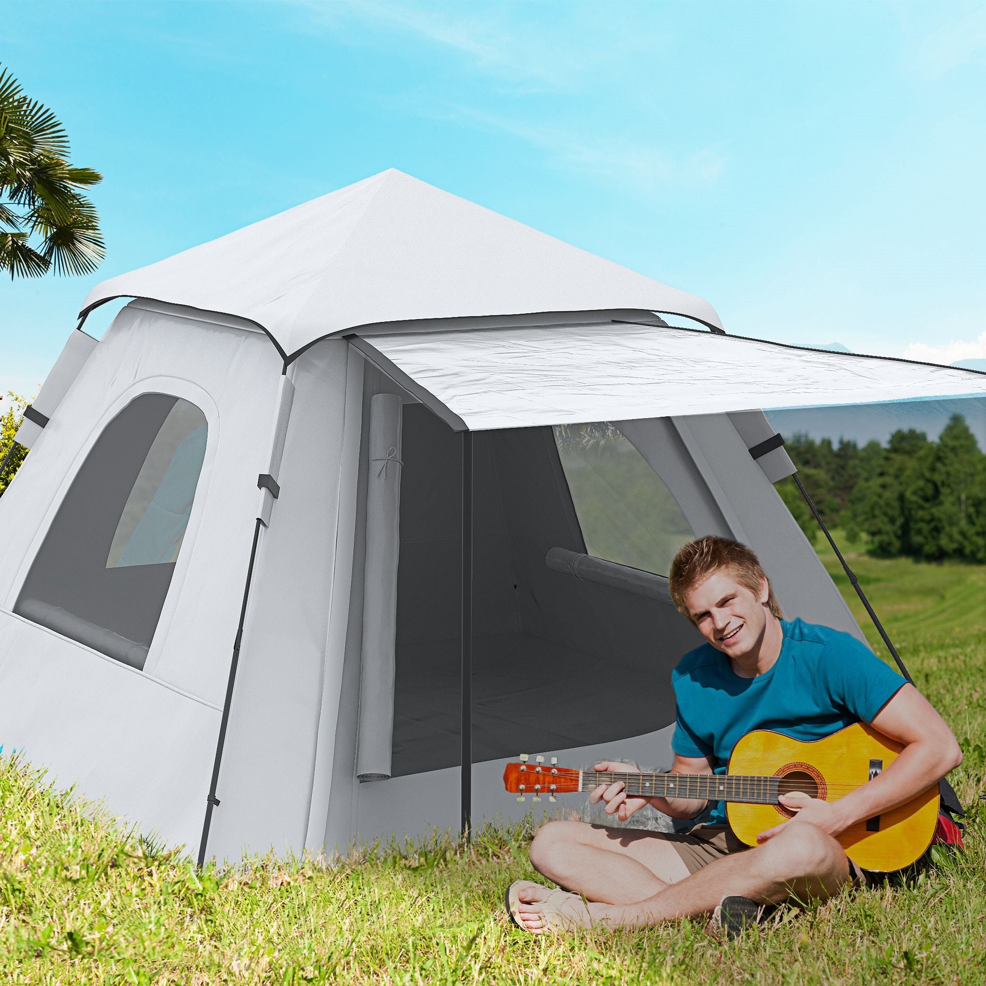 EASYCOMFORT Tenda da campeggio da 2-3 persone con Veranda, 210x210x150cm,  grigia e bianca