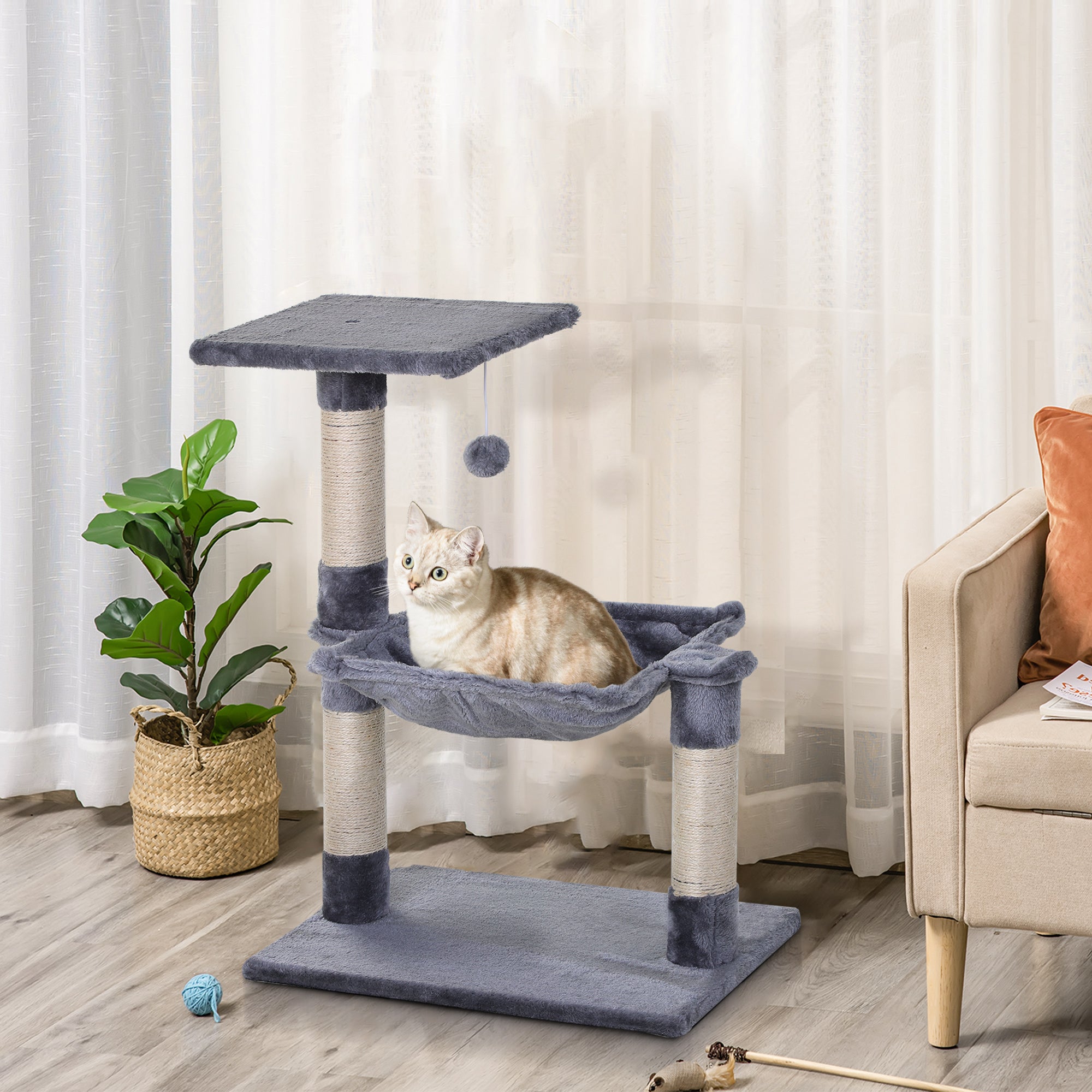 EASYCOMFORT Tiragraffi per Gatti Multilivello con Amaca e Pallina, Legno e  Peluche, 50x36x70cm, Grigio