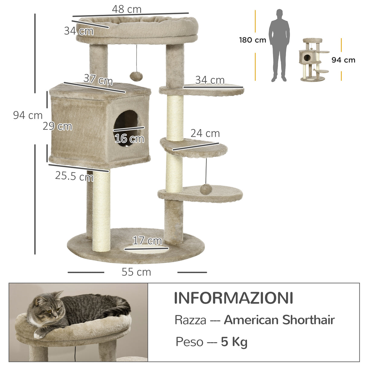 easycomfort easycomfort albero tiragraffi per gatti con pali in sisal lettino casetta e piattaforme 55x55x94cm marrone