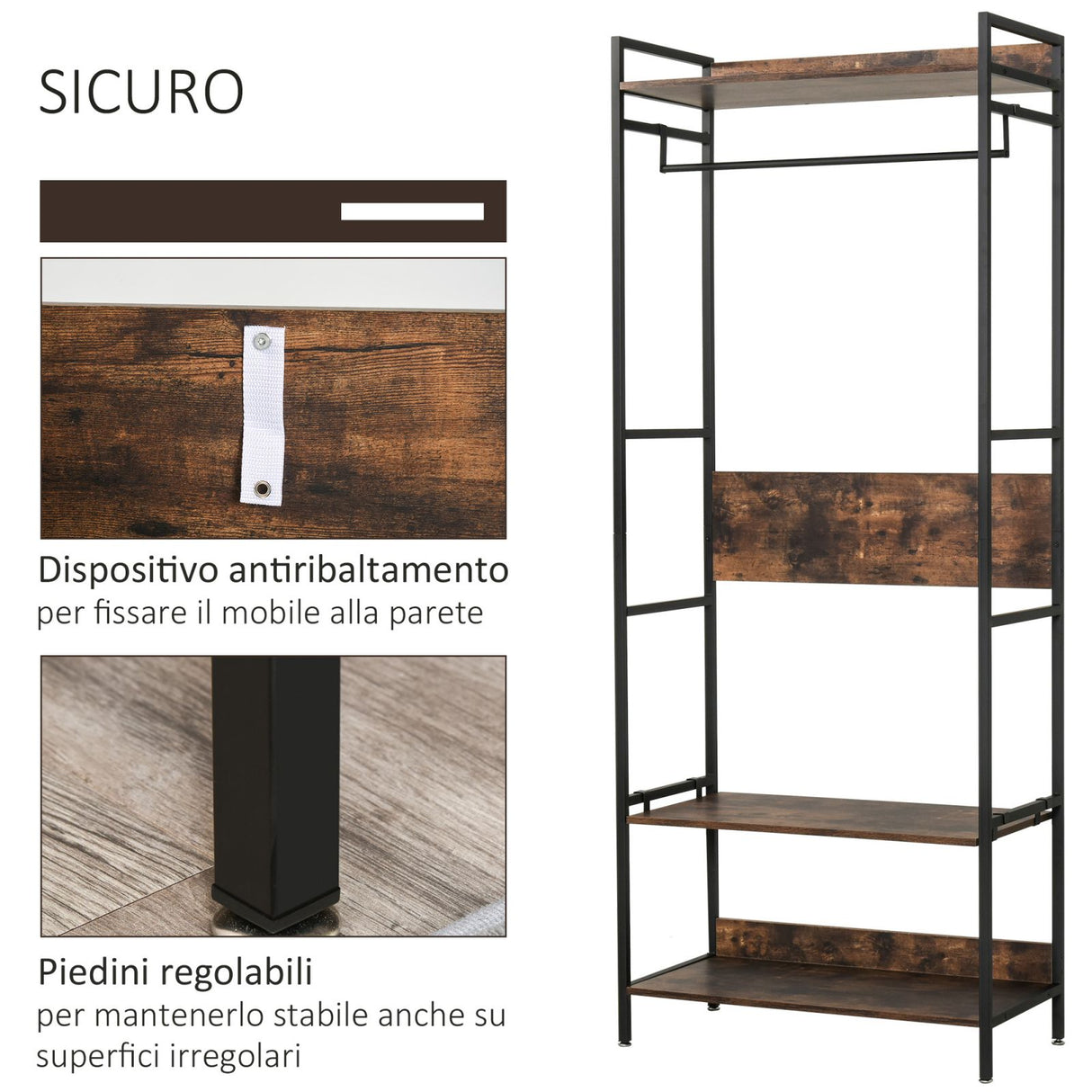 easycomfort easycomfort attaccapanni a muro con scarpiera e mensole stile industriale 80x40x200cm ean 8054144136806