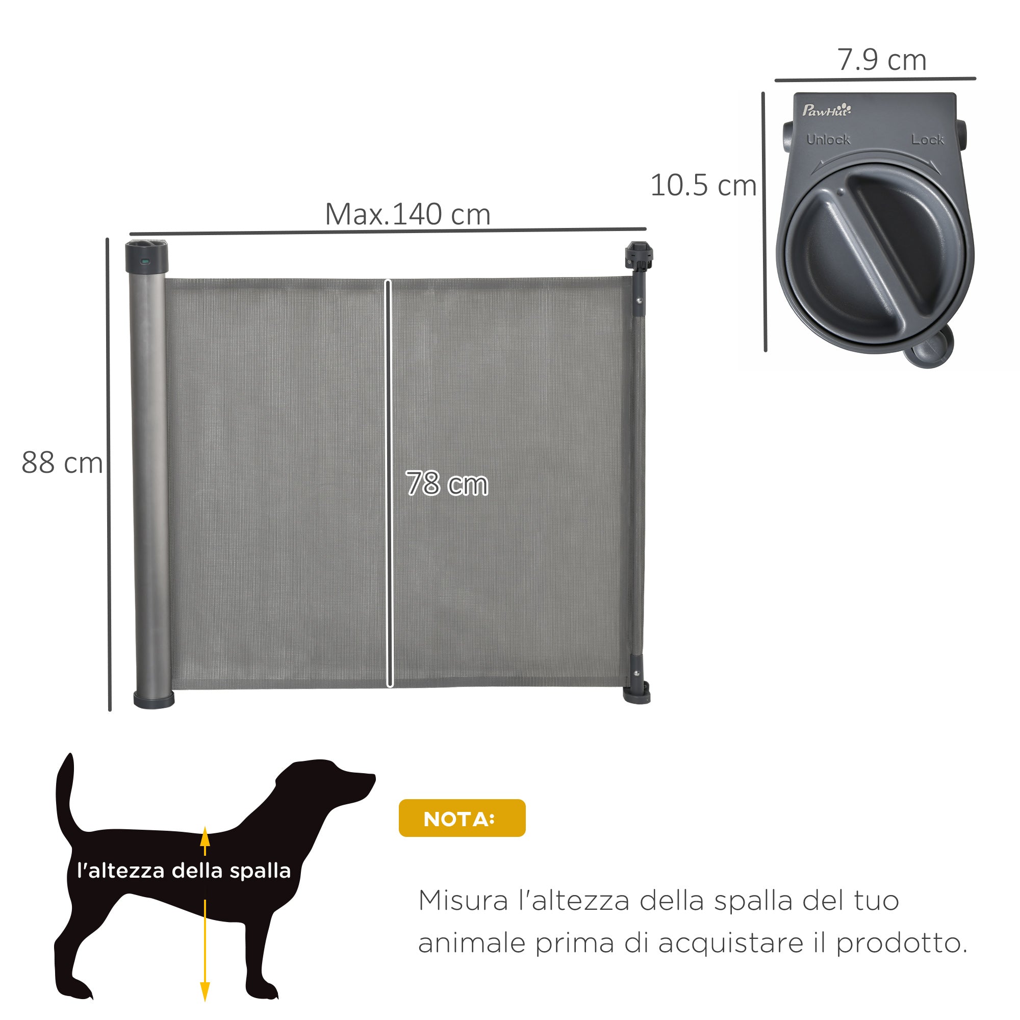 EASYCOMFORT Cancelletto per Cani di Sicurezza per Cani Estensibile fino  140cm, Barriera Avvolgibile per Porte, Scale, Corridoi, Grigio