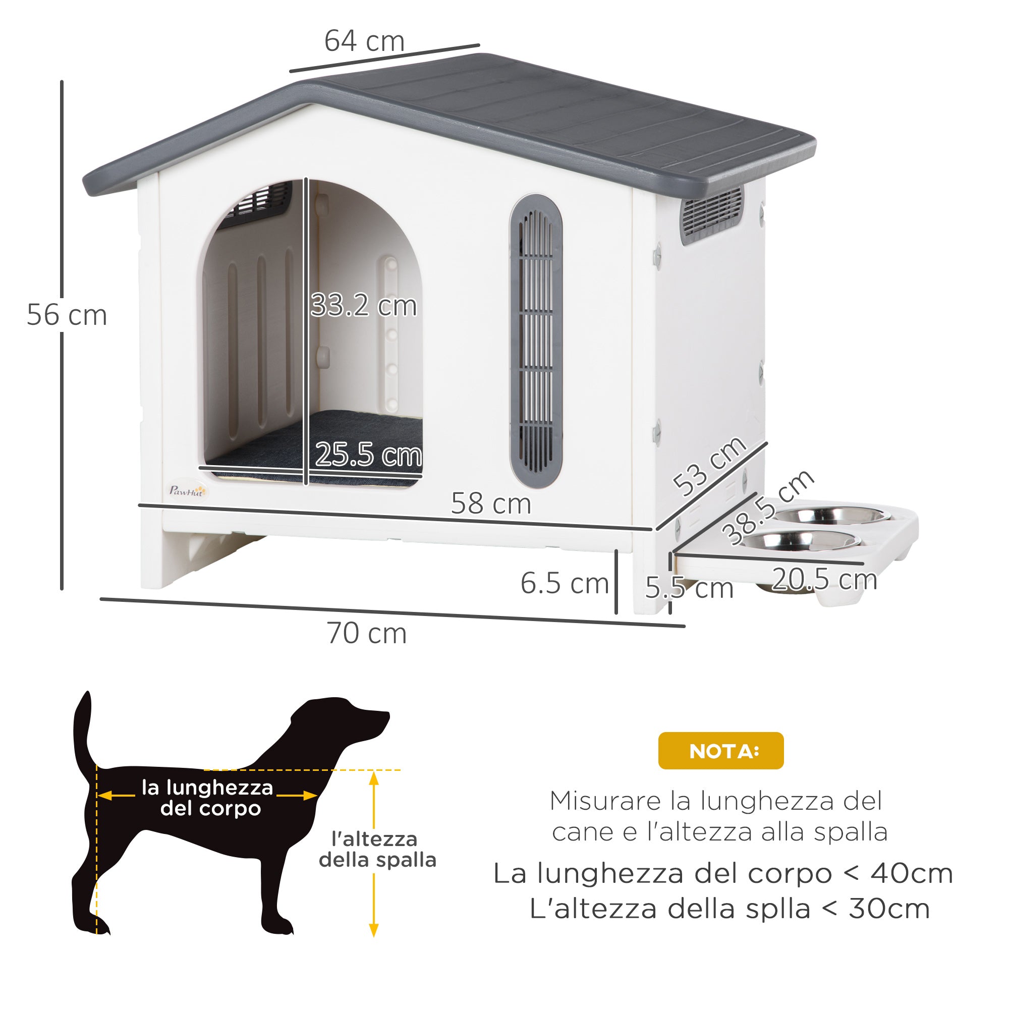 EASYCOMFORT Casetta per Cani Rialzata con Vassoio per 2 Ciotole, Finestre e  Cuscino in Gommapiuma, 70x64x56 cm