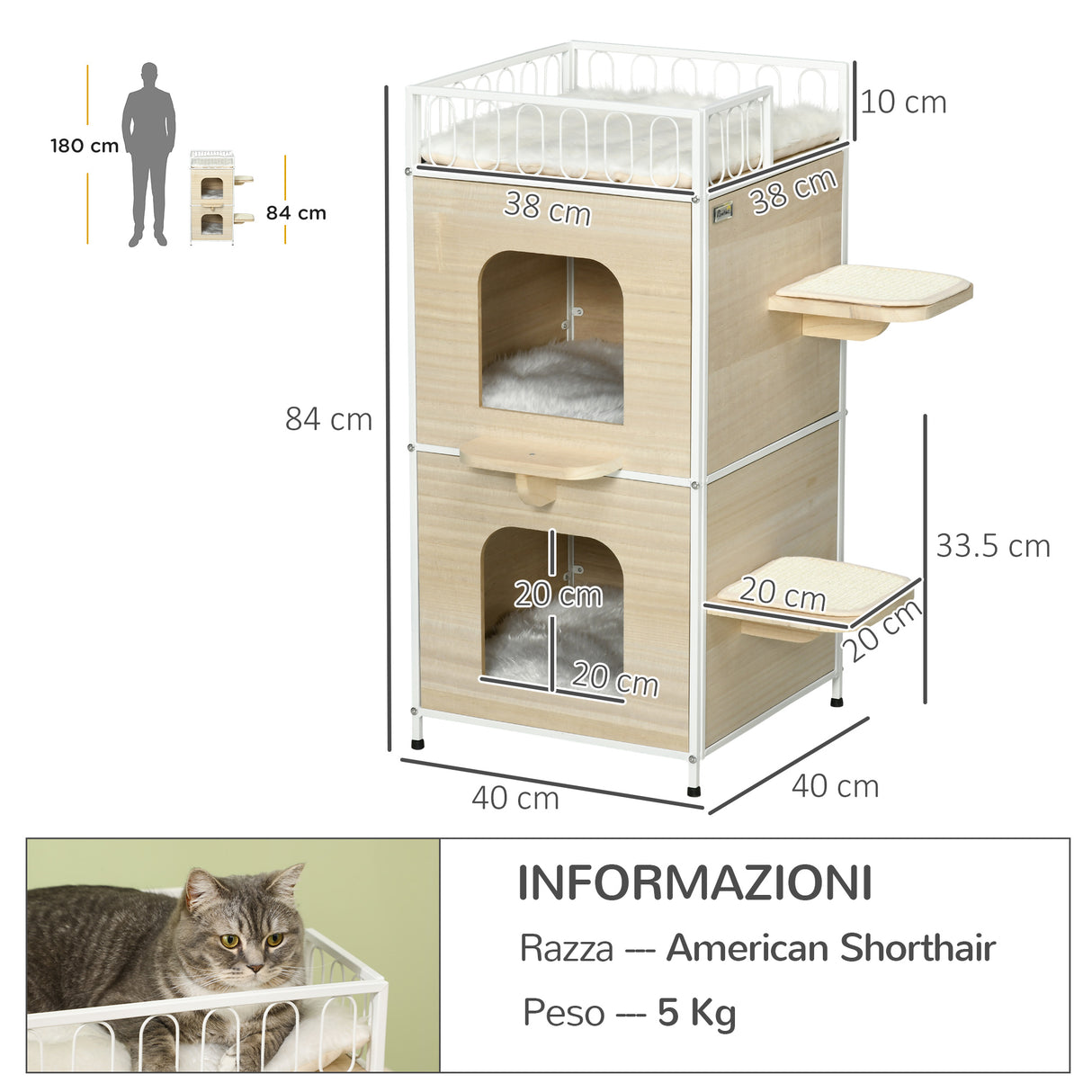 easycomfort easycomfort casetta per gatti a 3 piani con tiragraffi e superficie recintata 40x40x84 cm color legno e bianco