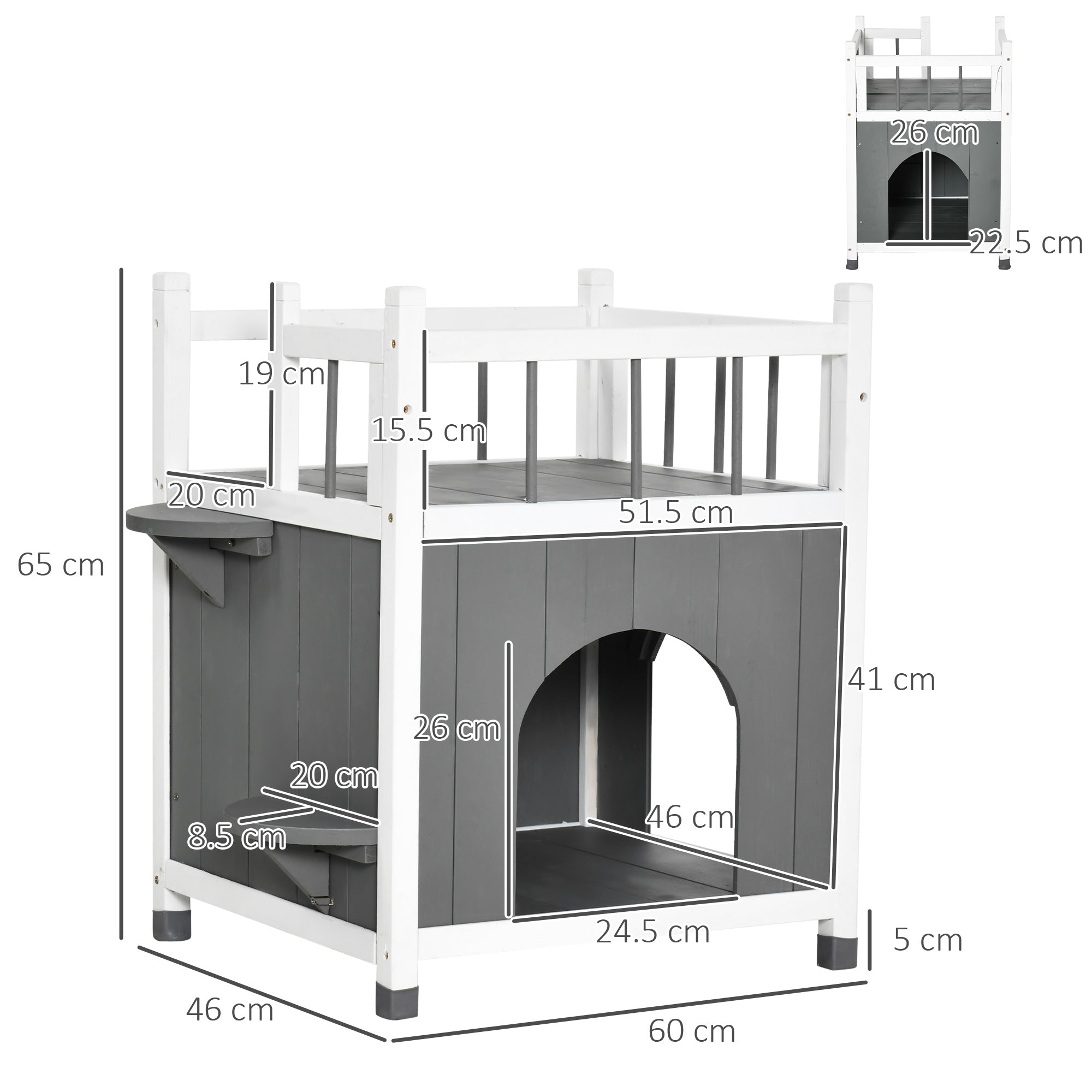 EASYCOMFORT Casetta per Gatti da Esterni con 2 Ingressi, 2 Gradini e 1  Balcone, Cuccia per Gatti in Legno d'Abete, 60x46x65 cm, Grigia