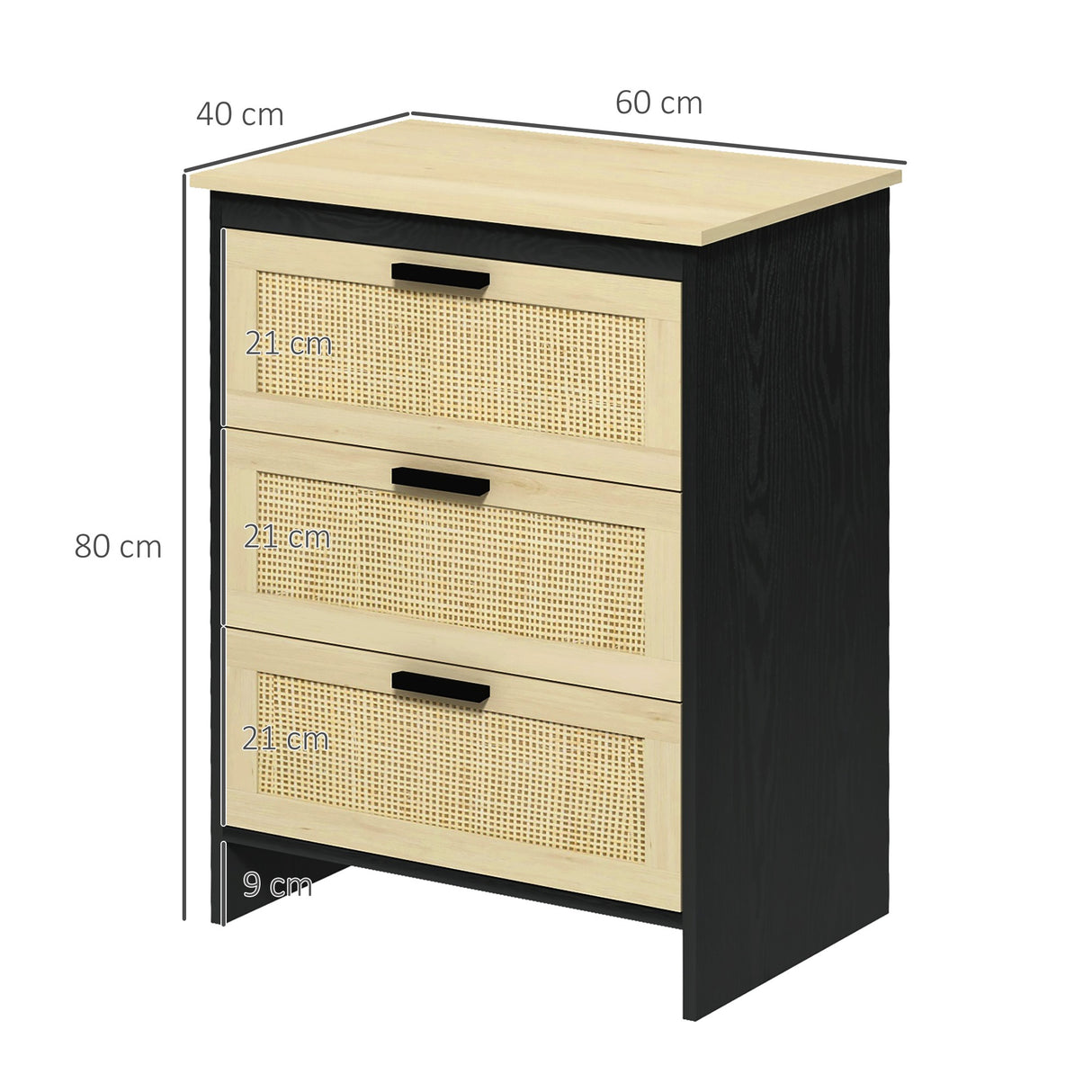 easycomfort easycomfort cassettiera 3 cassetti in truciolato e rattan per soggiorno e camera da letto 60x40x80 cm nero e color legno