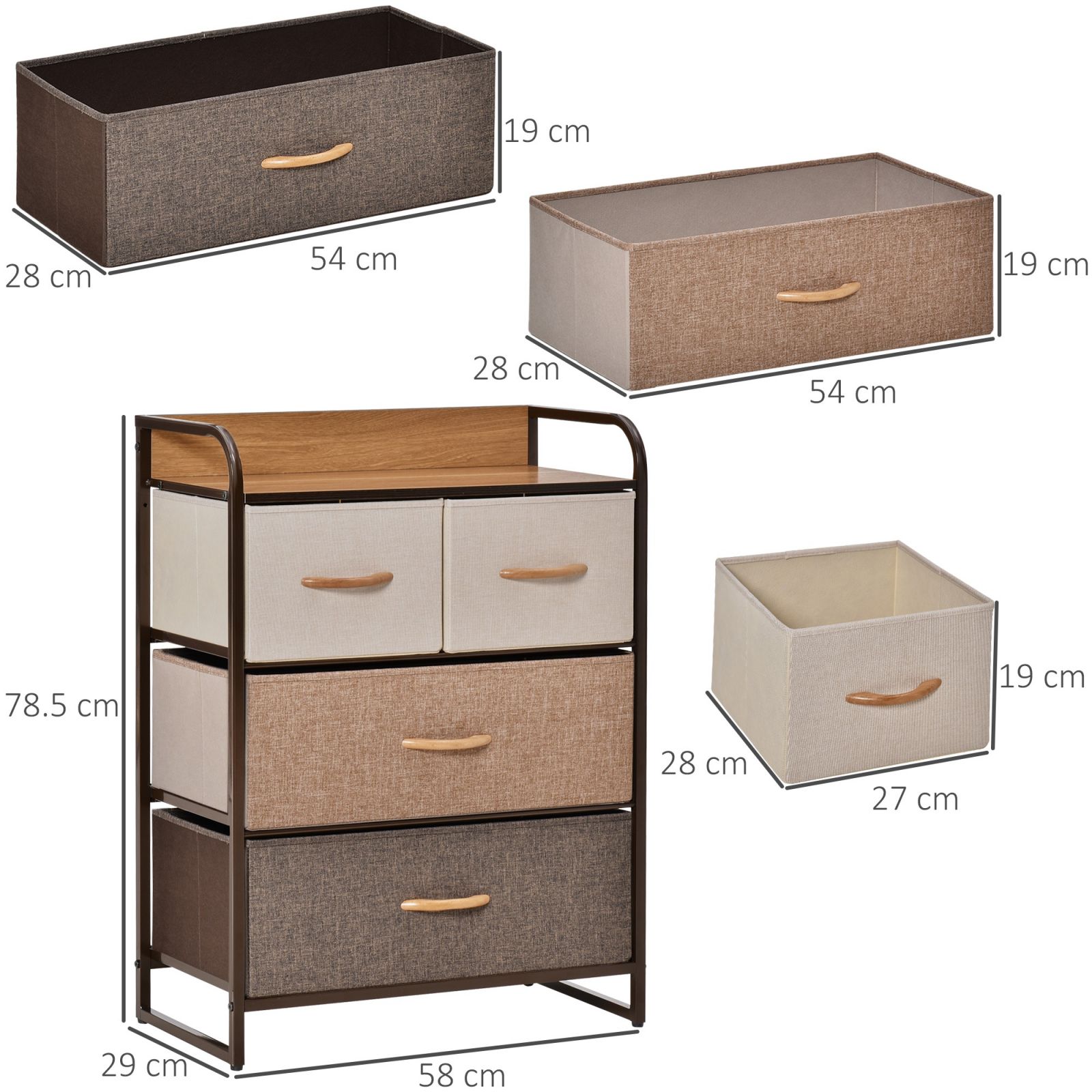 EASYCOMFORT Cassettiera 4 Cassetti in Tessuto e Ripiano rigido,  58x29x78.5cm, Legno