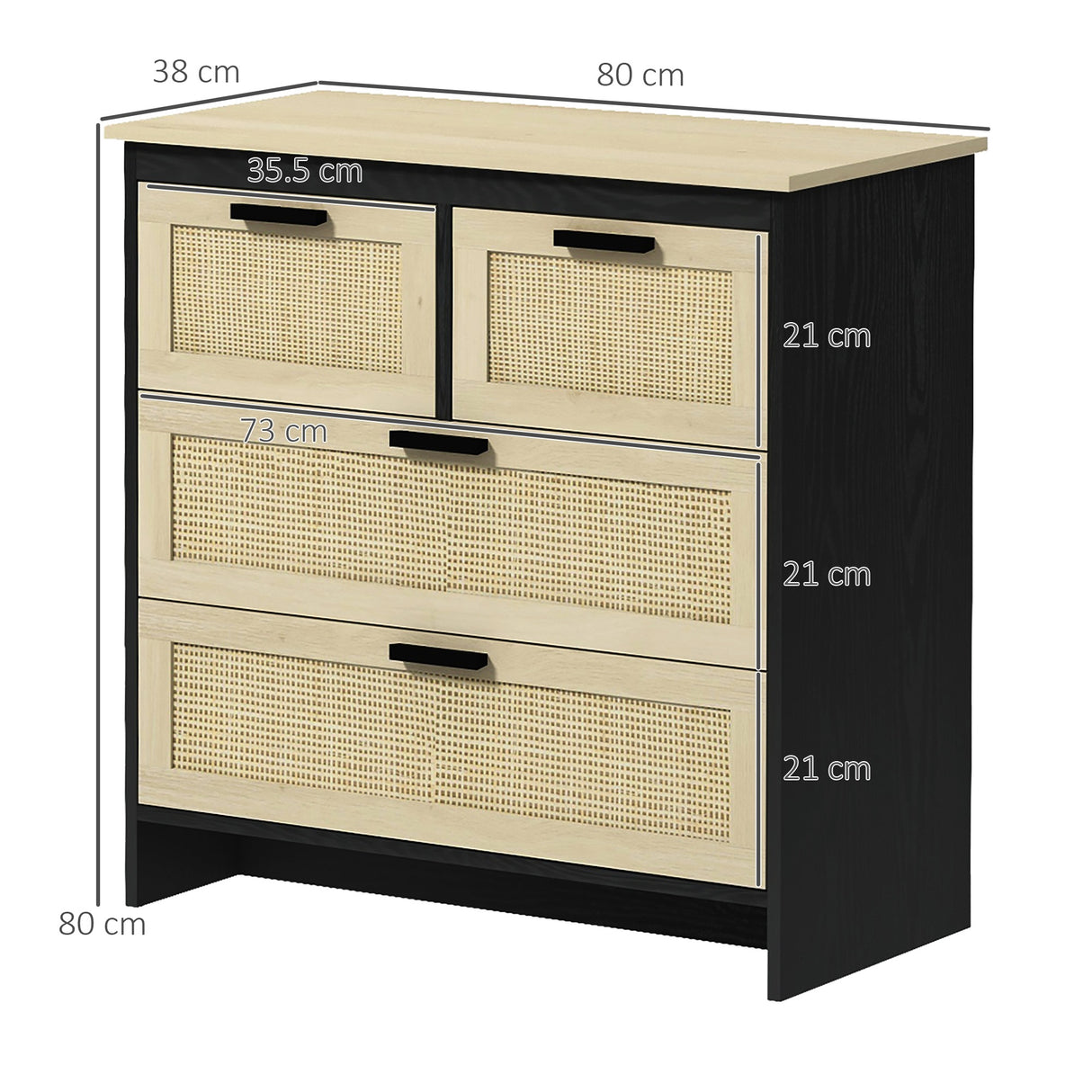 easycomfort easycomfort cassettiera 4 cassetti in truciolato e rattan per soggiorno e camera da letto 80x38x80 cm nero e color legno