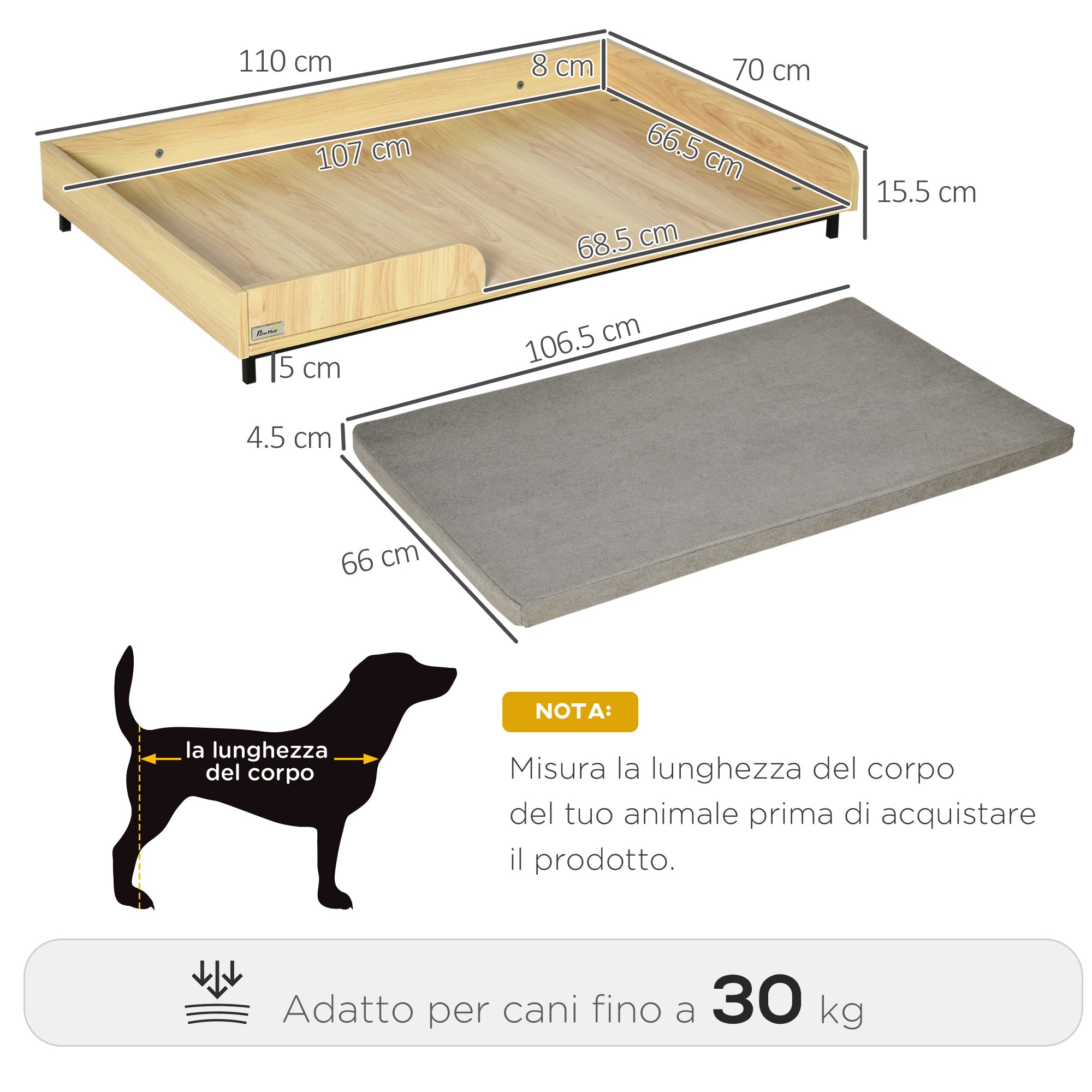 EASYCOMFORT Cuccia per Cani Rialzata con Cuscino Removibile e Lavabile, Lettino  per Cani Gambe in Legno e Acciaio, 110x70x15.5cm, Rovere e Grigio