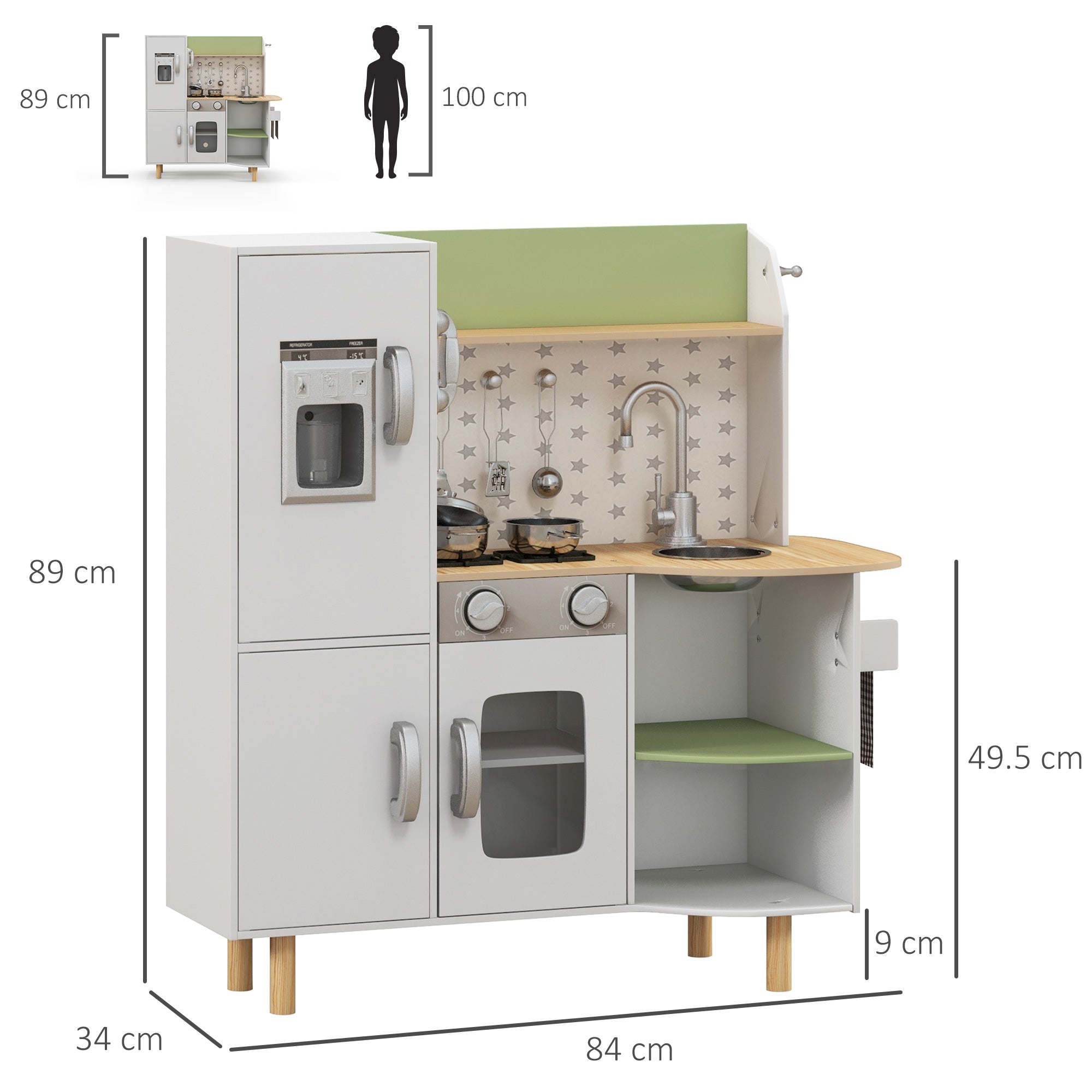 EASYCOMFORT Cucina Giocattolo per Bambini 3-6 Anni con Macchina del  Ghiaccio e Utensili, 84x34x89 cm, Bianco e Verde