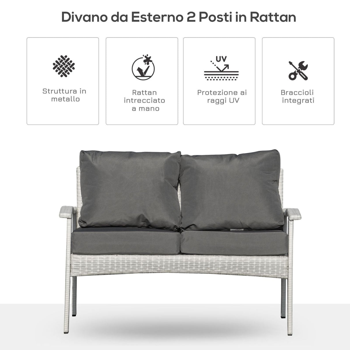 easycomfort easycomfort divano da esterno 2 posti in rattan pe panchina da giardino con cuscini e braccioli 120x63x77cm bianco ean 8055776911304