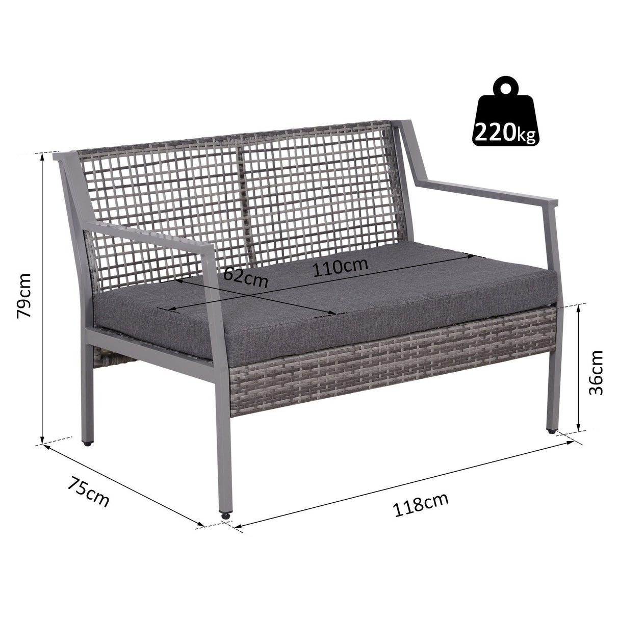 easycomfort easycomfort divano panchina da giardino a 2 posti in rattan e alluminio grigio 118 x 75 x 79 cm ean 8054144136691