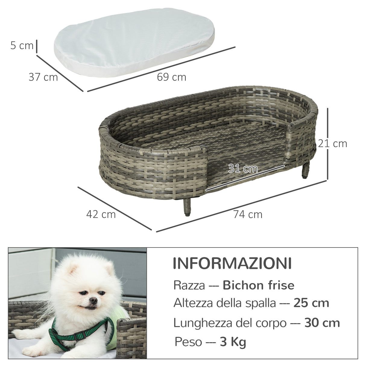 easycomfort easycomfort divano per cani di taglia piccola e media divano rialzato in rattan pe con cuscino impermeabile in gommapiuma 74x42x21cm marrone e grigio