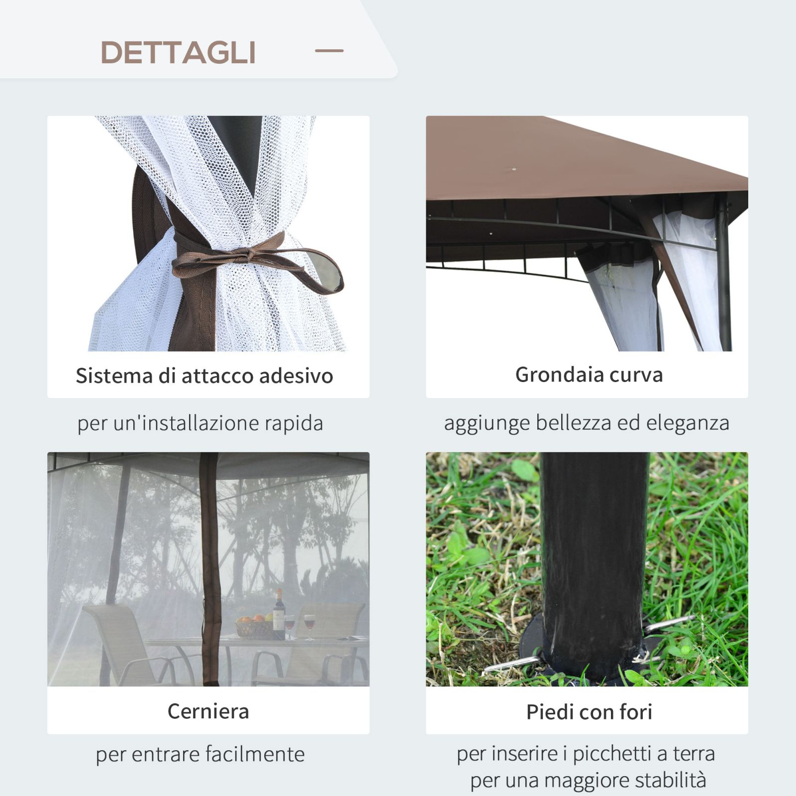 EASYCOMFORT Gazebo da Giardino 3x3m con Zanzariera, Tetto a 2 Livelli e  Struttura in Metallo Marrone