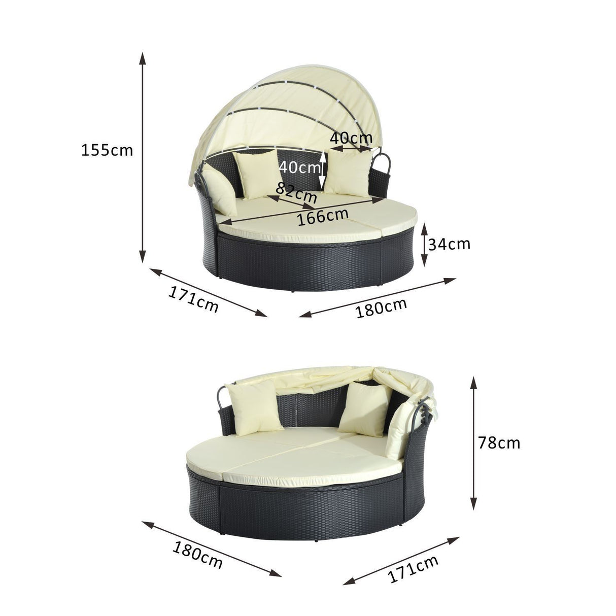 easycomfort easycomfort lettino prendisole conchiglia con poggiapiedi e tenda parasole in pe rattan nero