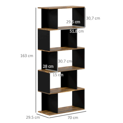 EASYCOMFORT Libreria Moderna Asimmetrica a Parete con 5 Ripiani in Legno,  70x29.5x163cm, Marrone Rustico