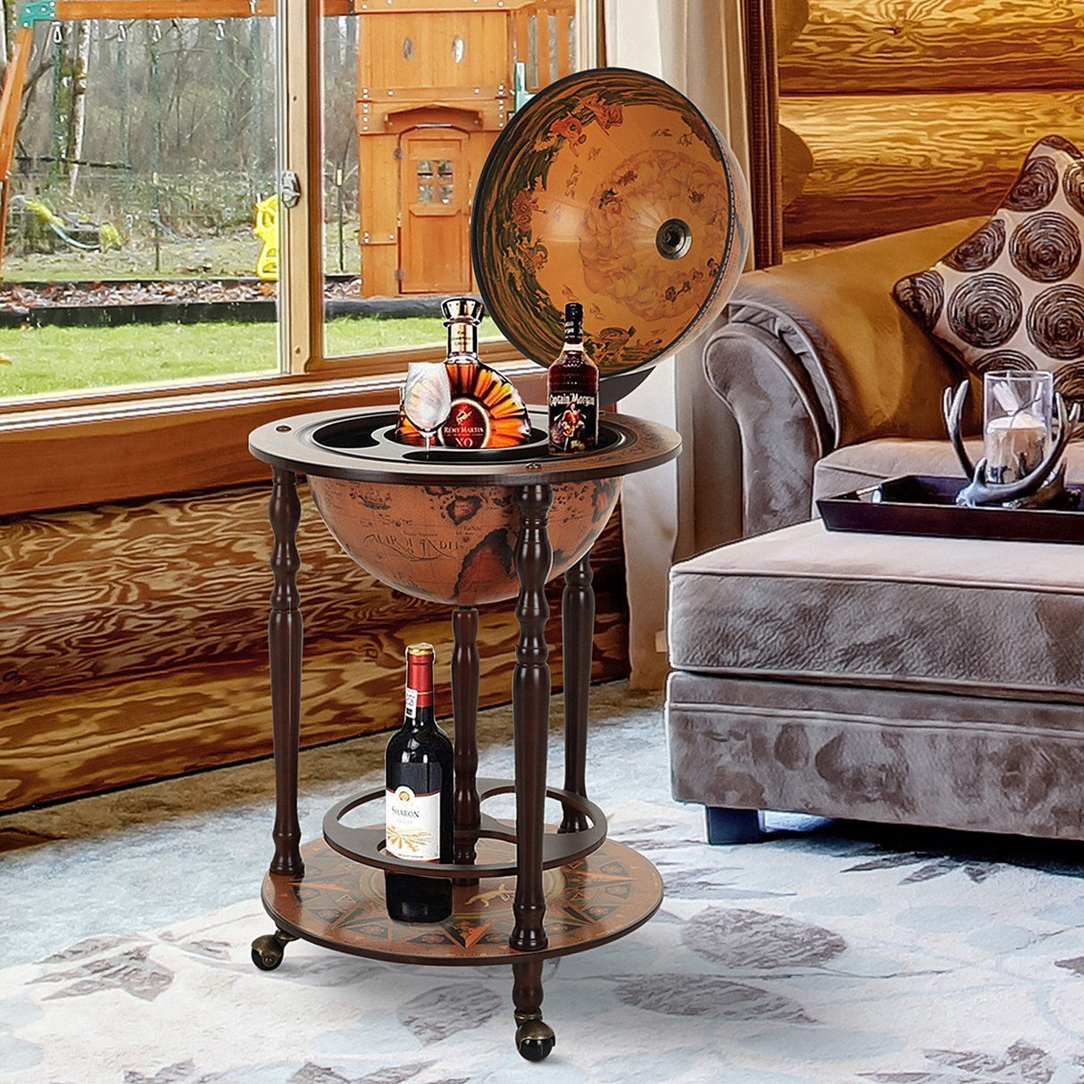 easycomfort easycomfort minibar mappamondo portabottiglie e porta liquori in legno con 3 ruote 47x90cm