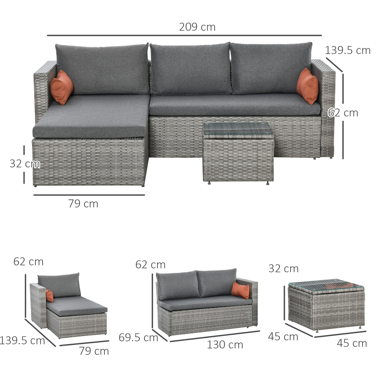 easycomfort easycomfort mobili da giardino set 3 pezzi in rattan pe con 2 divani e tavolino da caffe grigio