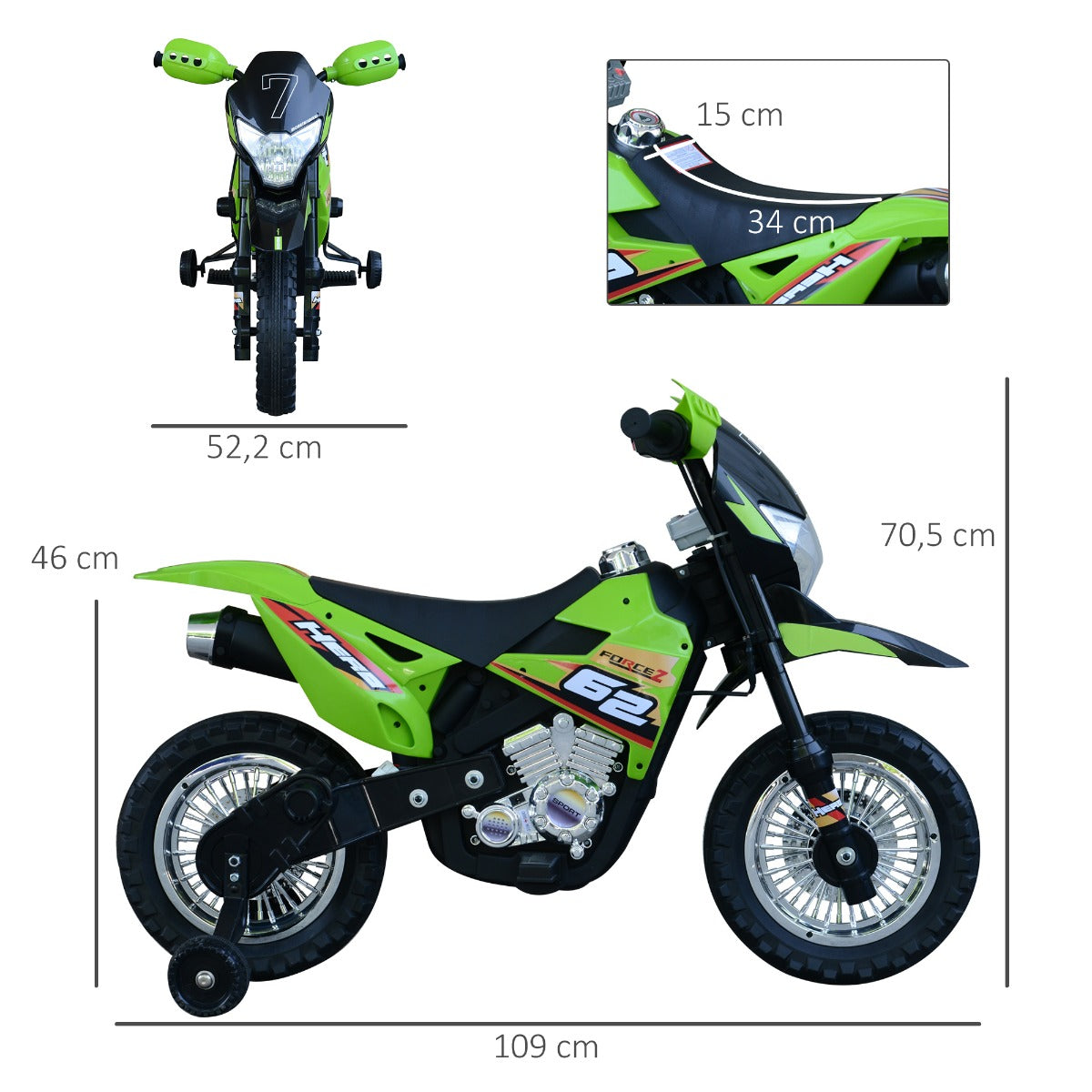 EASYCOMFORT Moto da Cross Elettrica con 2 Rotelline Ausiliarie per Bambini  3-6 anni, Moto Giocattolo 109×52.2×70.5cm Verde