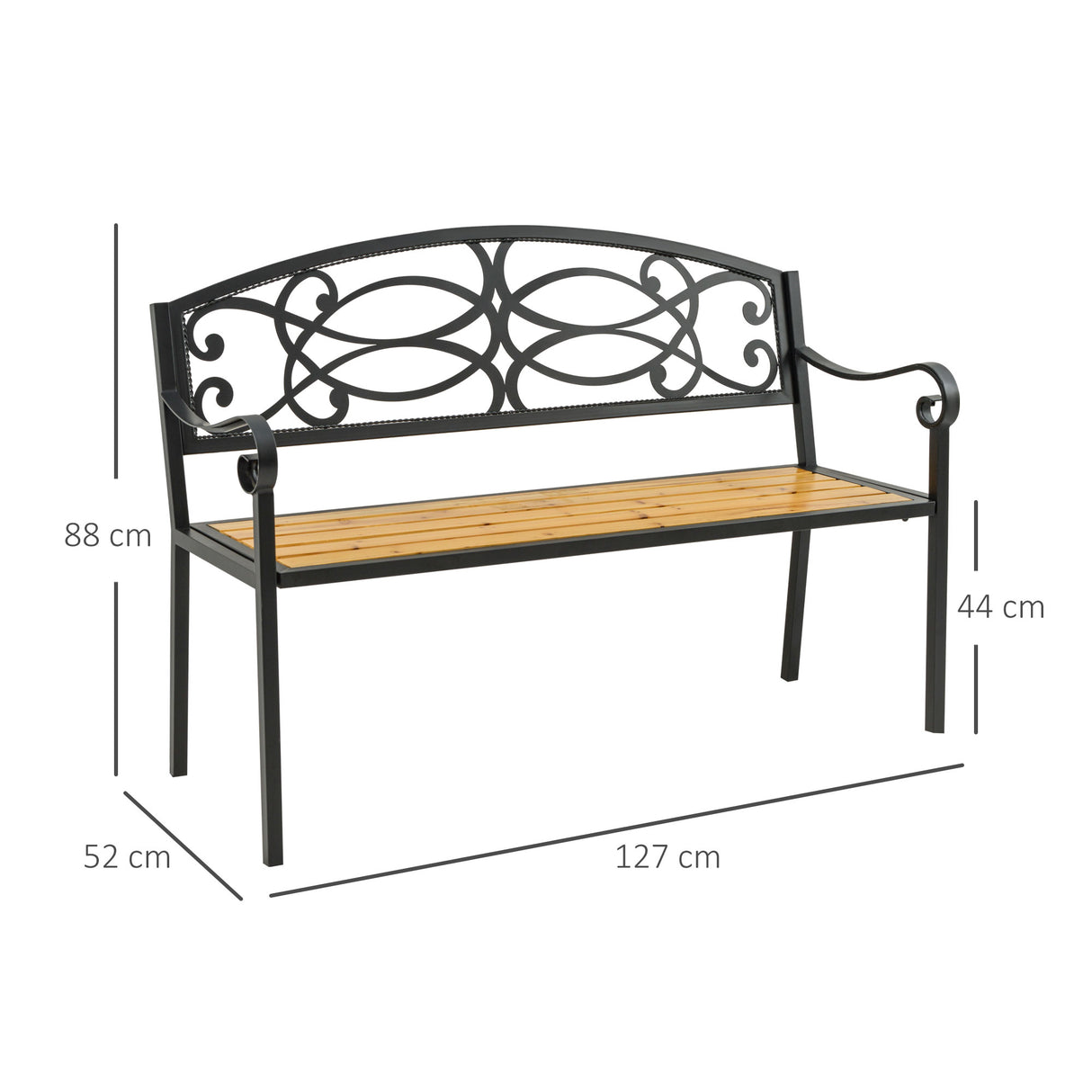 easycomfort easycomfort panchina da giardino a 2 posti in metallo e legno schienale decorato e braccioli 127x52x88cm nero