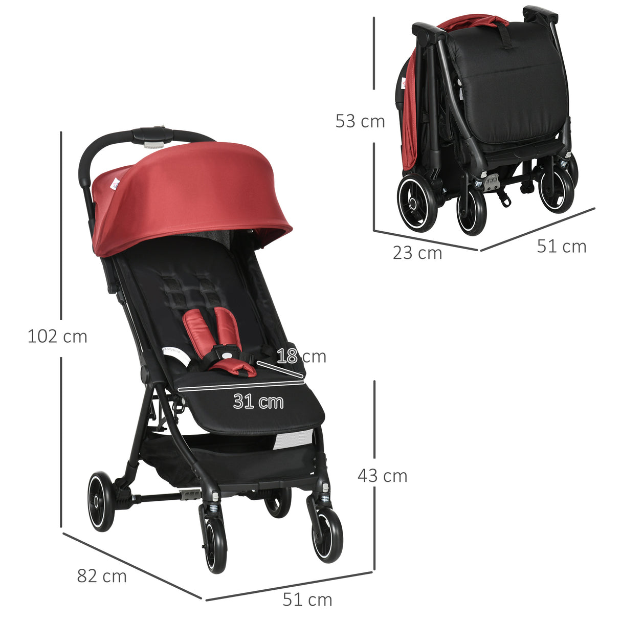 easycomfort easycomfort passeggino per bambini 0 36 mesi con tettuccio design pieghevole e cesto portaoggetti 128x58x106 cm rosso e nero