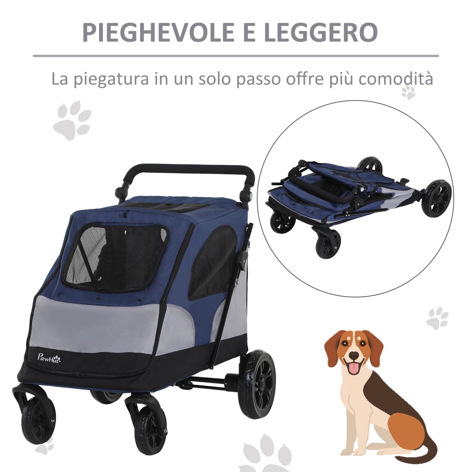 EASYCOMFORT Passeggino per Cani fino a 30kg Pieghevole con Manubrio  Regolabile, Grigio e Blu