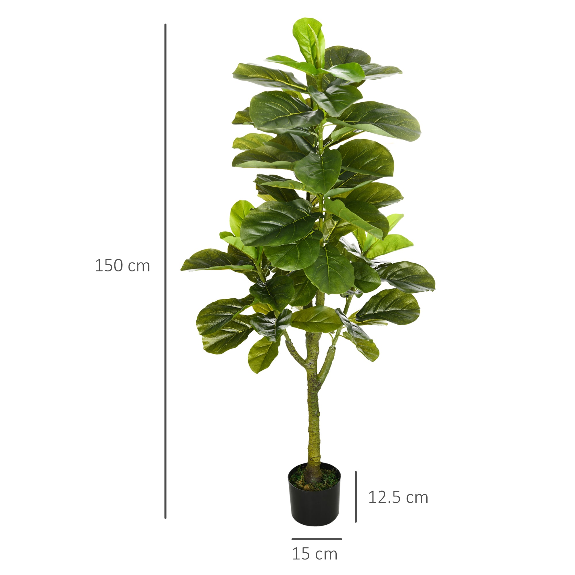 EASYCOMFORT Pianta Artificiale di Ficus da 150 cm a 75 Foglie e 4 Rami con  Vaso Ø15x12.5 cm, per Interni ed Esterni, Verde
