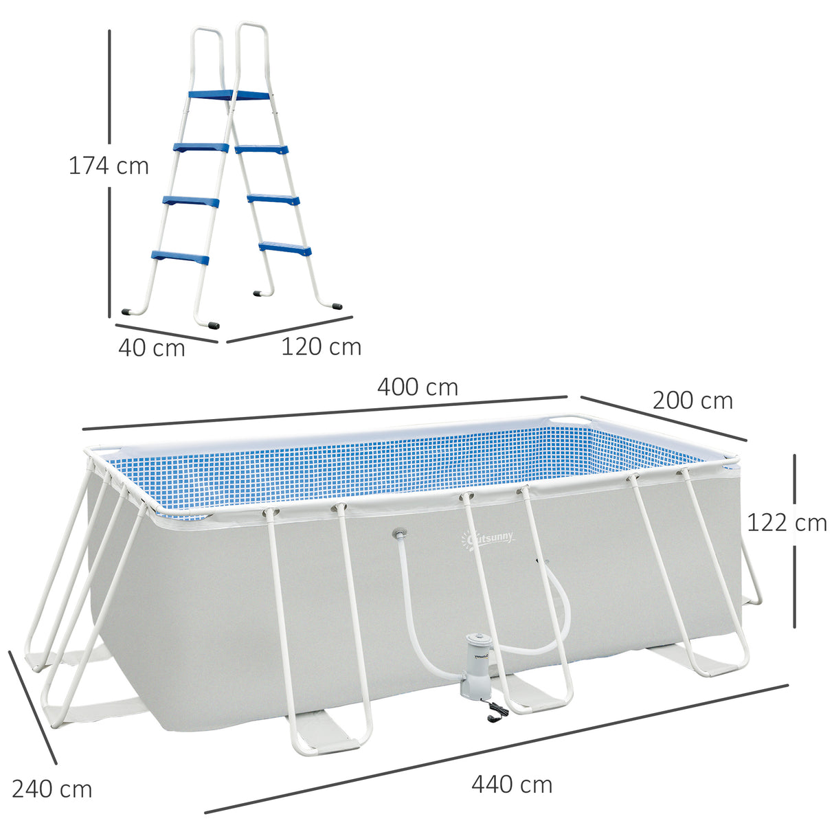 easycomfort easycomfort piscina fuori terra rettangolare con pompa filtro a nanosfere e scaletta incluse 440x240x122cm grigia