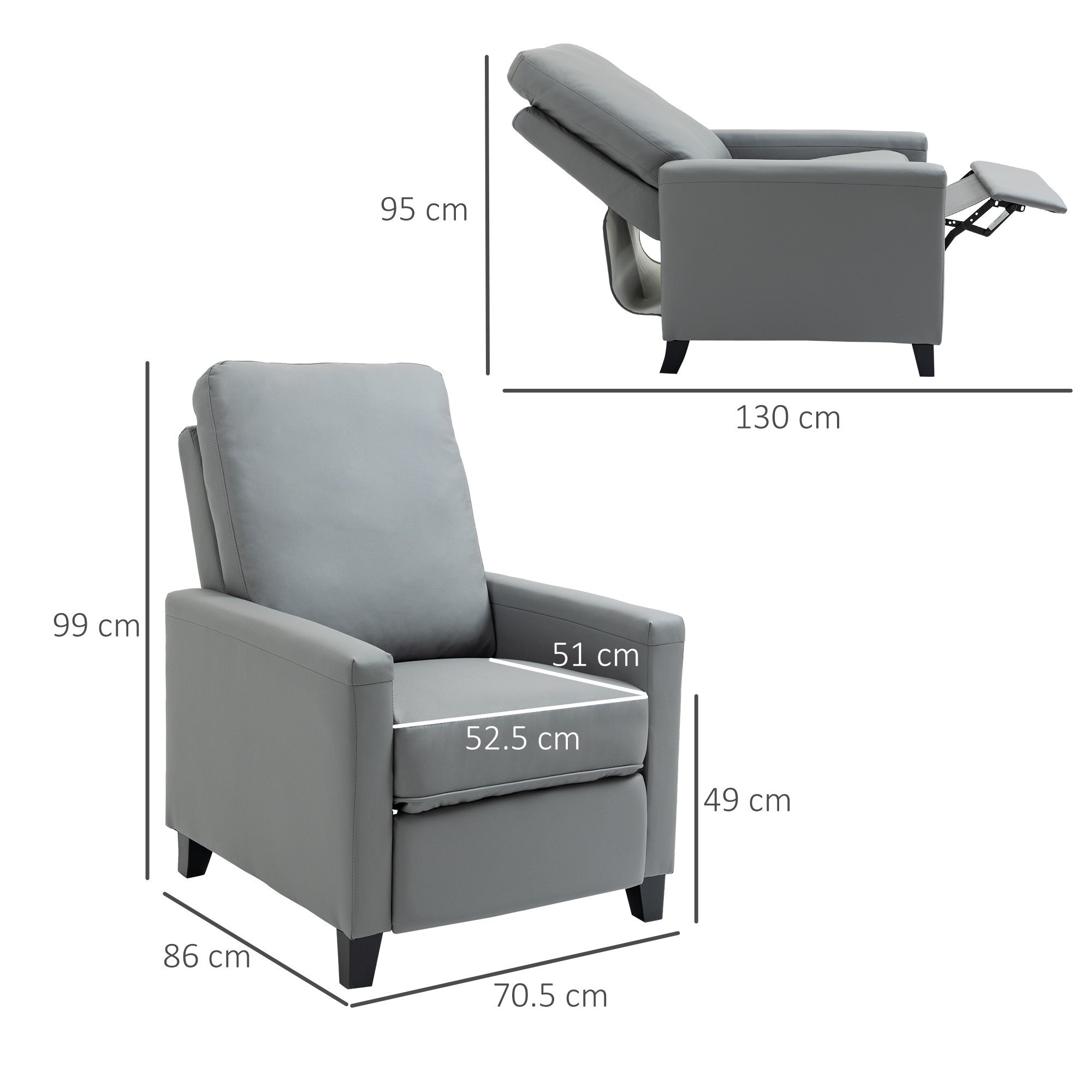 EASYCOMFORT Poltrona Relax Imbottita e Reclinabile Manualmente, in  Similpelle, 70.5x86x99cm - Grigio