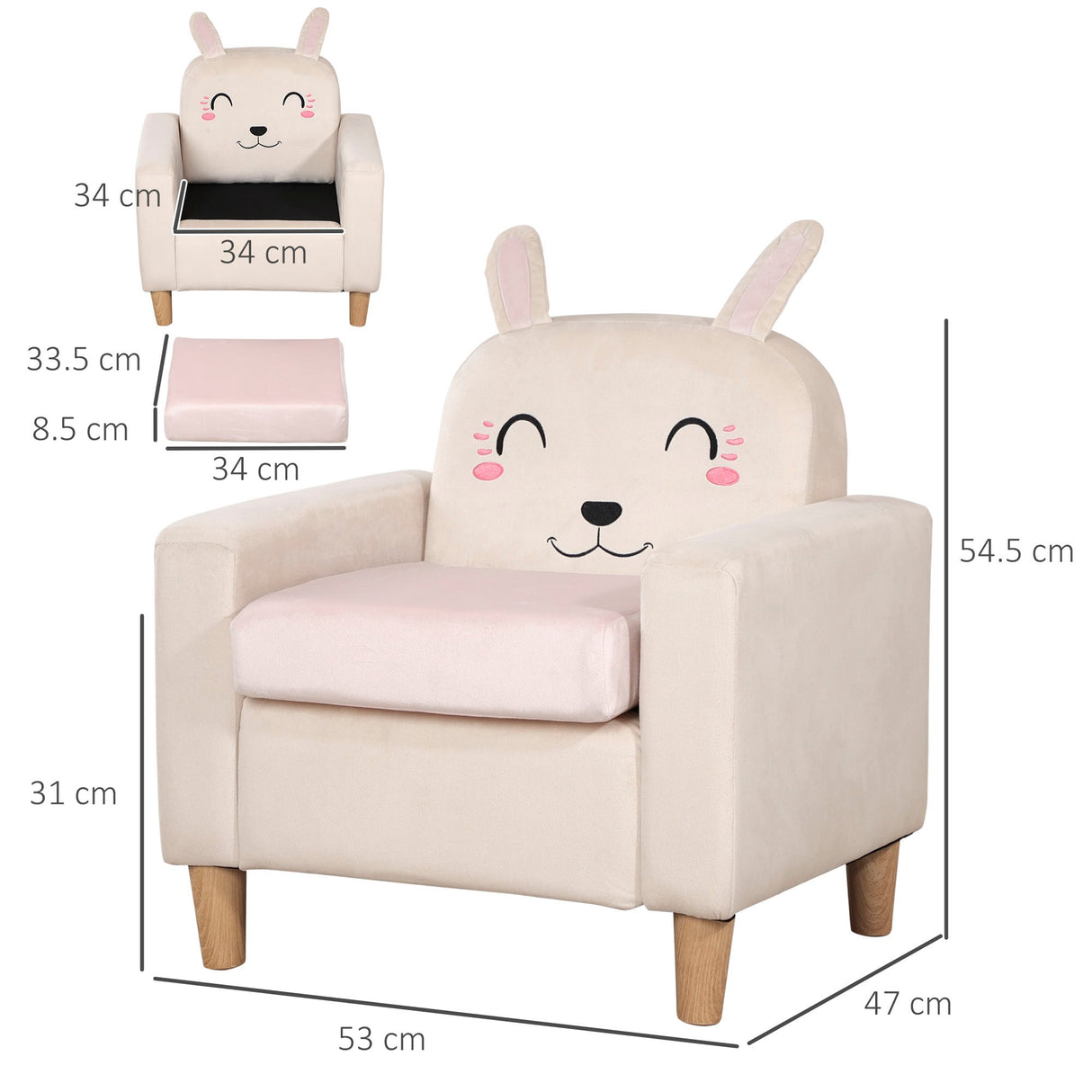 easycomfort easycomfort poltroncina per bambini con design a coniglio e gambe in legno 53x47x54 5cm crema