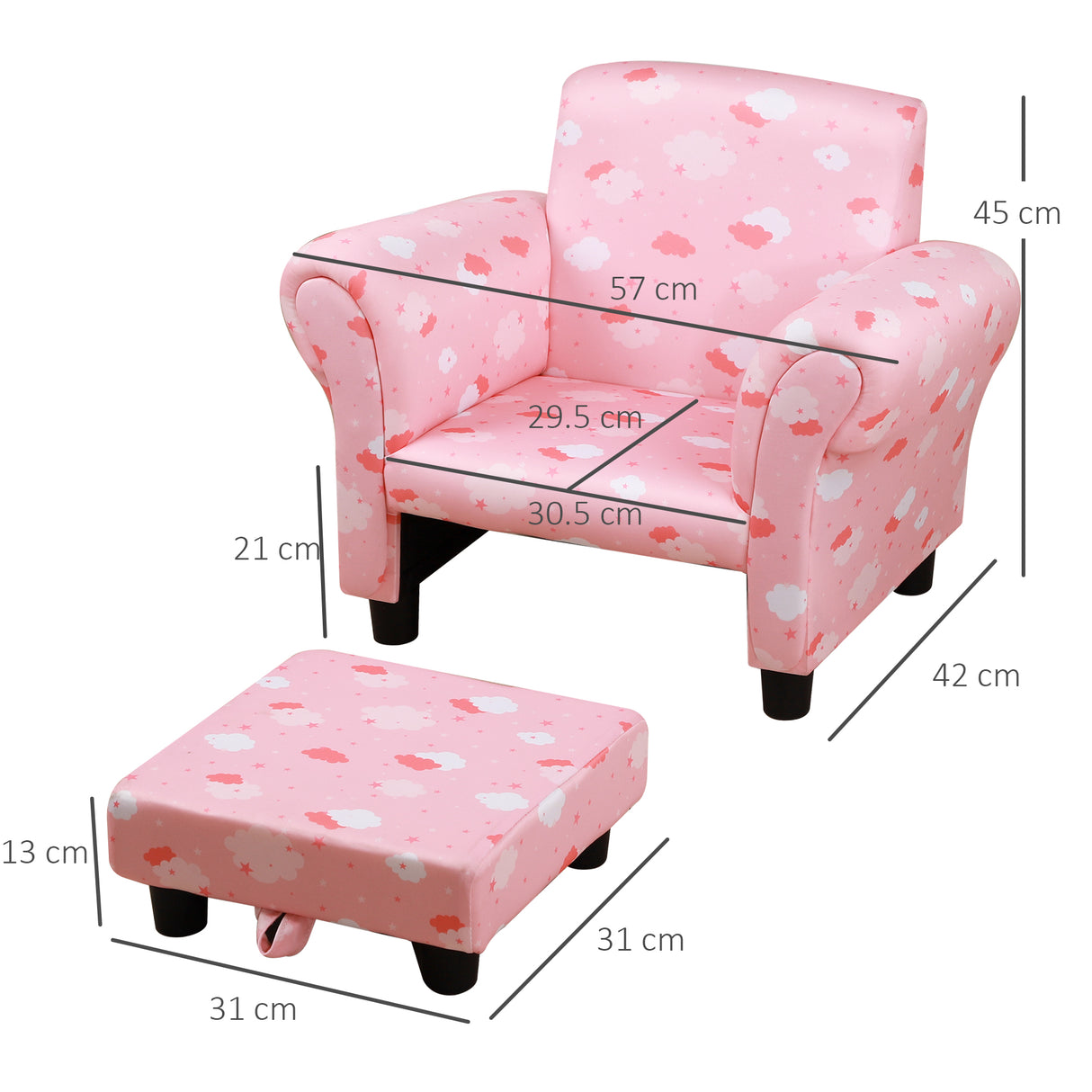 easycomfort easycomfort poltroncina per bambini con poggiapiedi estraibile struttura in legno con imbottitura 57x42x45cm rosa e bianco