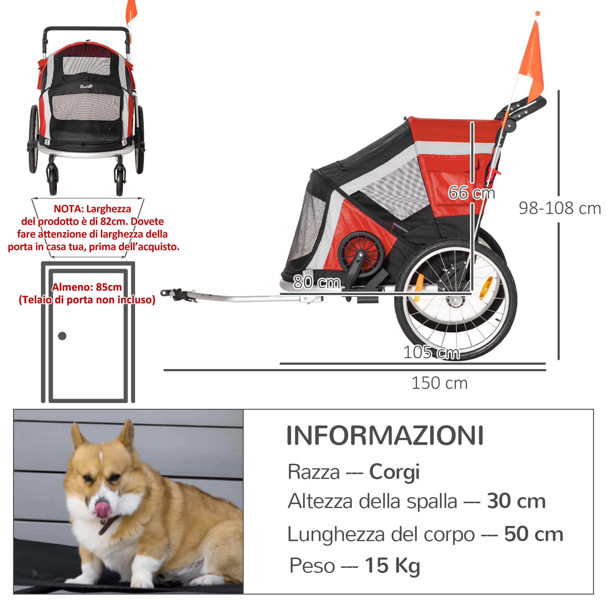 EASYCOMFORT Rimorchio Bici per Cani sotto i 30kg con Porta Anteriore e  Posteriore, Finestre a Rete e Tetto Apribile, 150x82x98-108cm