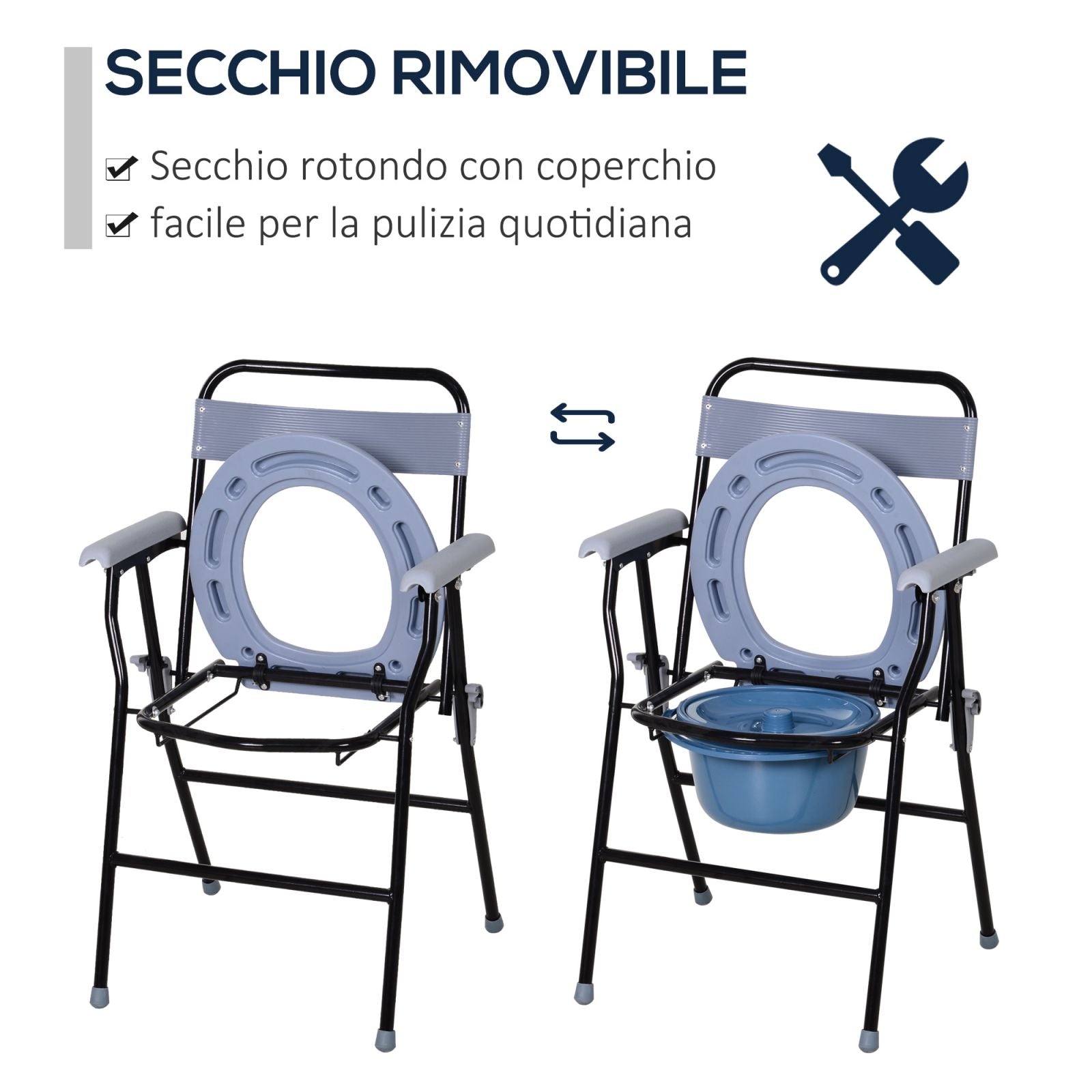EASYCOMFORT Sedia WC Pieghevole con Vaso Rimovibile per Anziani e Disabili  in Tubi di Ferro e Plastica 52 x 50 x 75cm