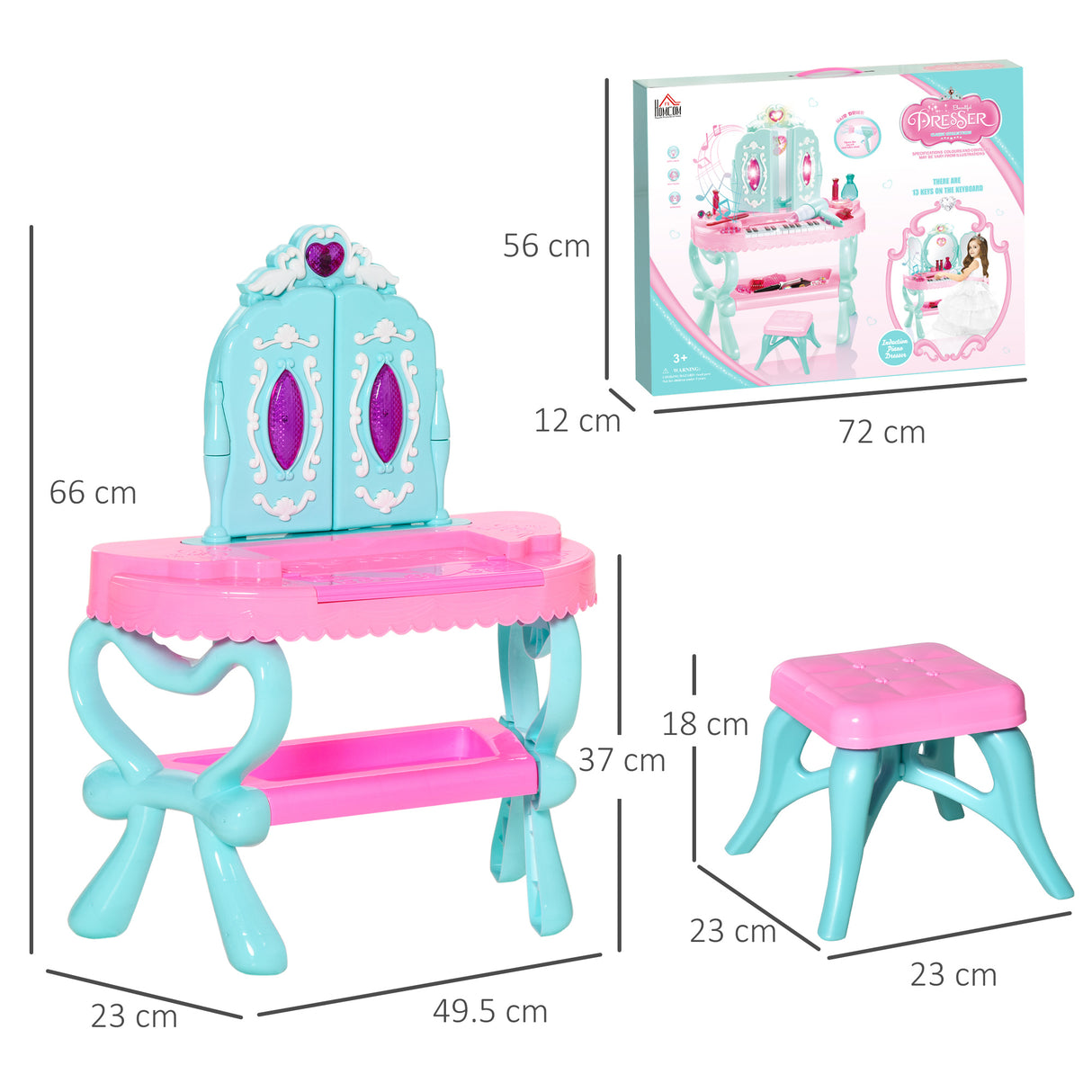 easycomfort easycomfort set 2 in 1 da 32pz per bambine 3 6 anni tavolo per trucco con accessori e pianoforte 49 5x23x66 cm blu e rosa