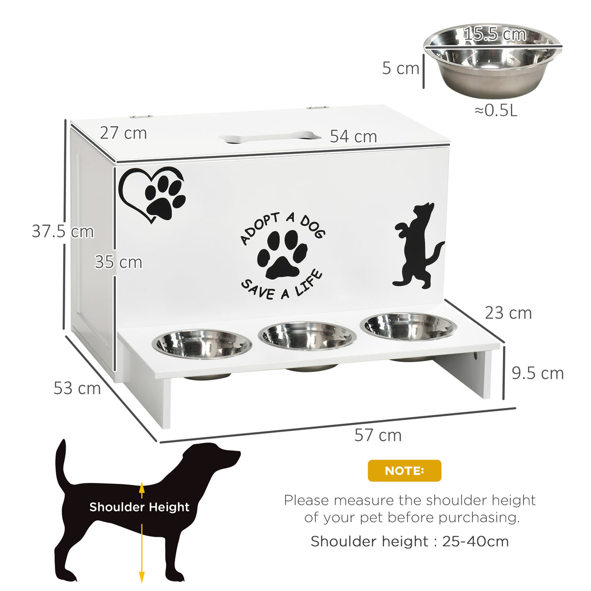 easycomfort easycomfort set 3 ciotole per cani da 500ml con spazio a scomparsa e supporto in mdf e acciaio inox 57x53x37 5 cm bianco