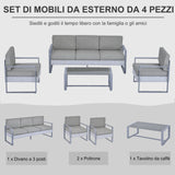 easycomfort easycomfort set 4 pezzi mobili da giardino con divano 3 posti 2 poltrone con cuscini e tavolino in alluminio e vetro grigio ean 8055776916620